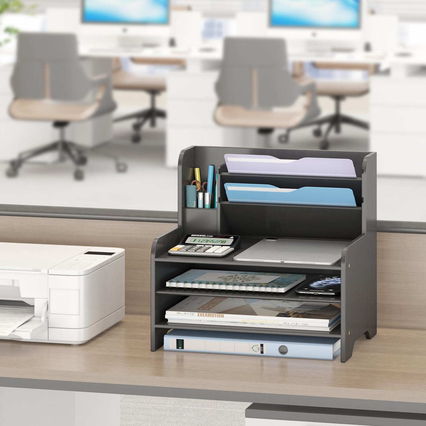 Desk File Organizer - 6-Tier Desktop Mail Letter Tray Paper Document Organizer with Pen Holder for Home Office Supplies, Office Desk Accessories & Workspace (Black)