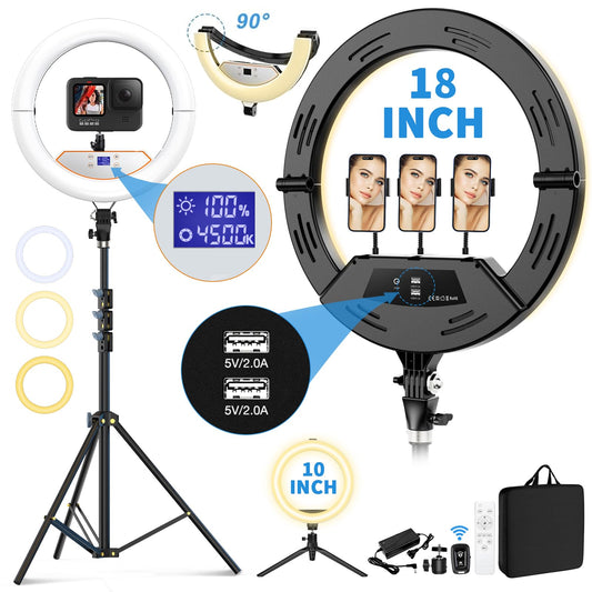 18 inch Ring Light wiht Stand+10 inch Light,Foldable Large Ring Light for ipad iPhone,LCD Display/4 Clips/2 USB Ports,2700-6500K with Tripod for Tattoo Lash Barber Makeup Photography Lighting
