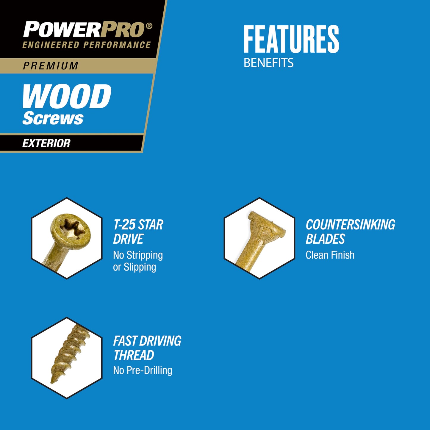 Power Pro 48606 Wood Screws, #8 x 1-1/2", Premium Outdoor Deck Screws, Rust Resistant, Epoxy Coated Bronze, 5lb Tub, 1015 pcs