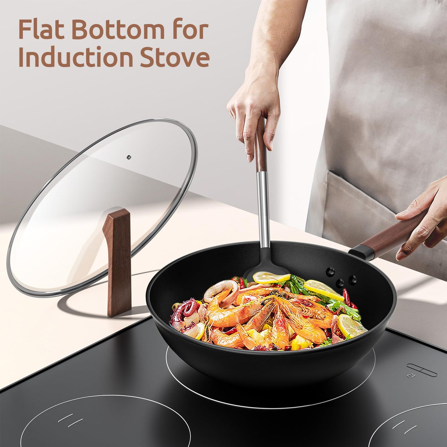 Todlabe Carbon Steel Wok - Including Glass Cover and Silicone Spatula, 13-Inch Woks & Stir-Fry Pans for Induction, Electric, Gas Stoves