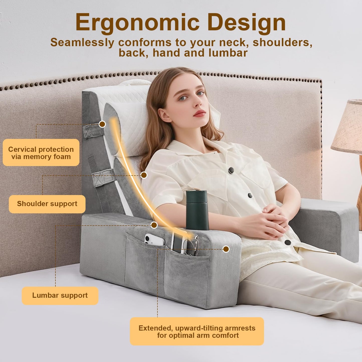 Reading Pillow for Sitting in Bed Adult, Back Pillow for Bed Sitting up with Arms, Pockets and Cup holder, Sit Up Backrest Pillows for Beds Chair Support, Rest Pillow for Gaming (Light gray, 5PCS)