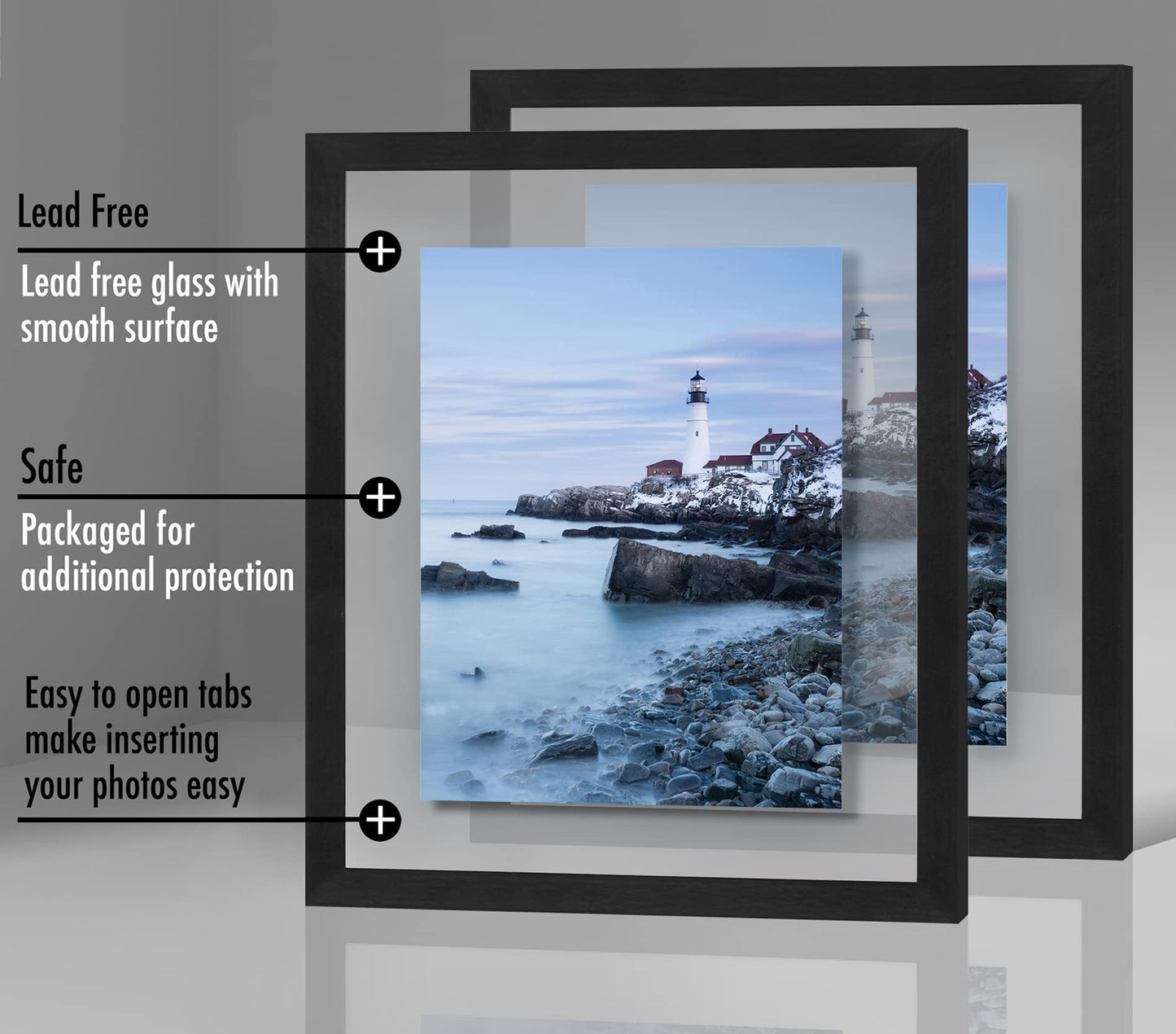 Americanflat 11x14 Floating Picture Frame with Polished Crystal-Clear Glass - Set of 2 - Use as 8x10 Frame or Display 5x7 Photo - Signature Float Collection - Photo Frames for Wall Display - Black