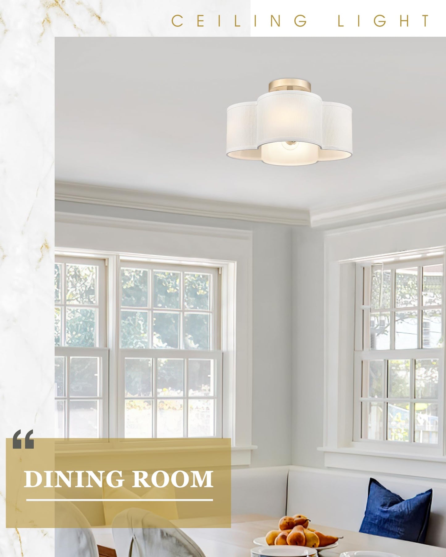 Audickic Gold Semi Flush Mount Ceiling Lights, 14" 4-Light Ceiling Light Fixtures with Fabric Shade in Quatrefoil Shape, Farmhouse Brass Drum Lighting for Kitchen Hallway Bedroom, AD-22007-4SF-GD