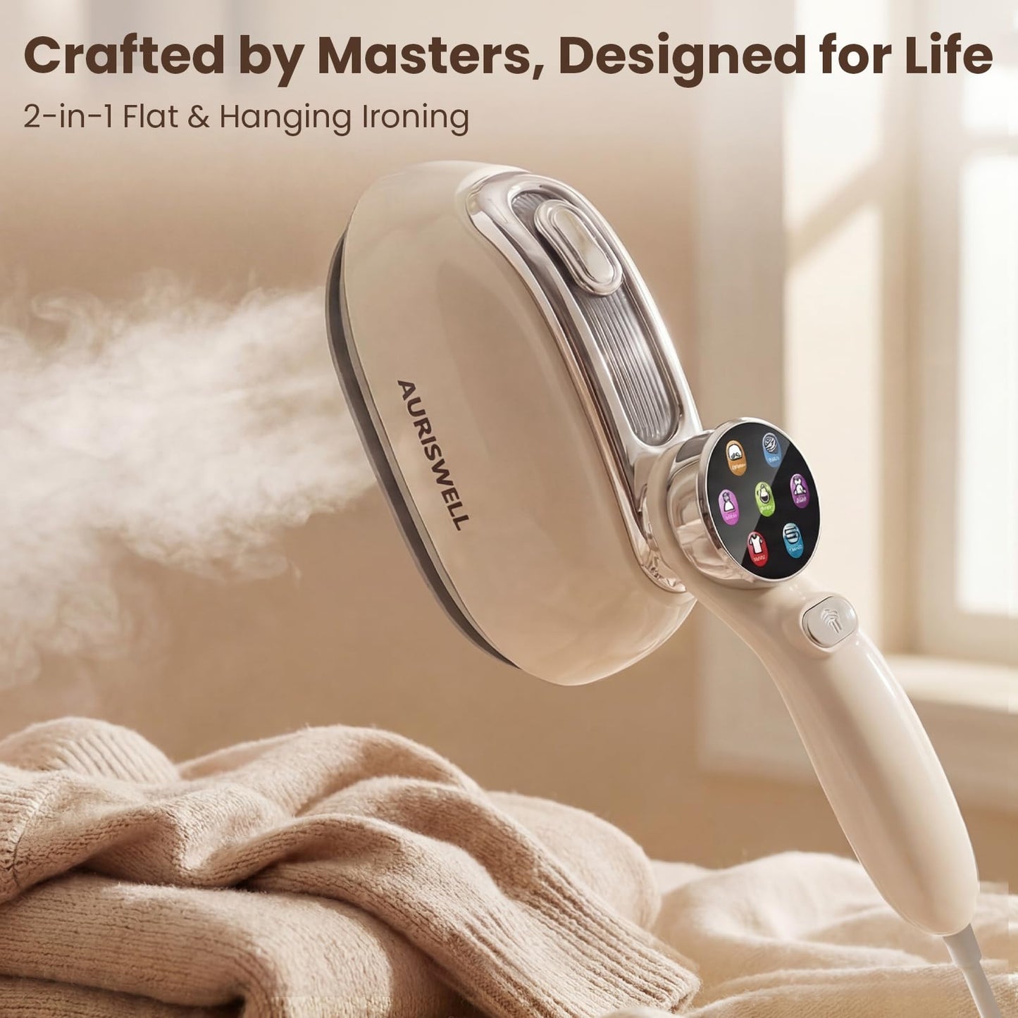 AURISWELL Handheld Steamer for Clothes, 1200W Portable 2-in-1 Garment Steamer & Travel Iron with 7 Modes, 180° Rotatable Handle, Fast 8s Heat-Up, Visual Panel & Self-Clean, 160ml for Home