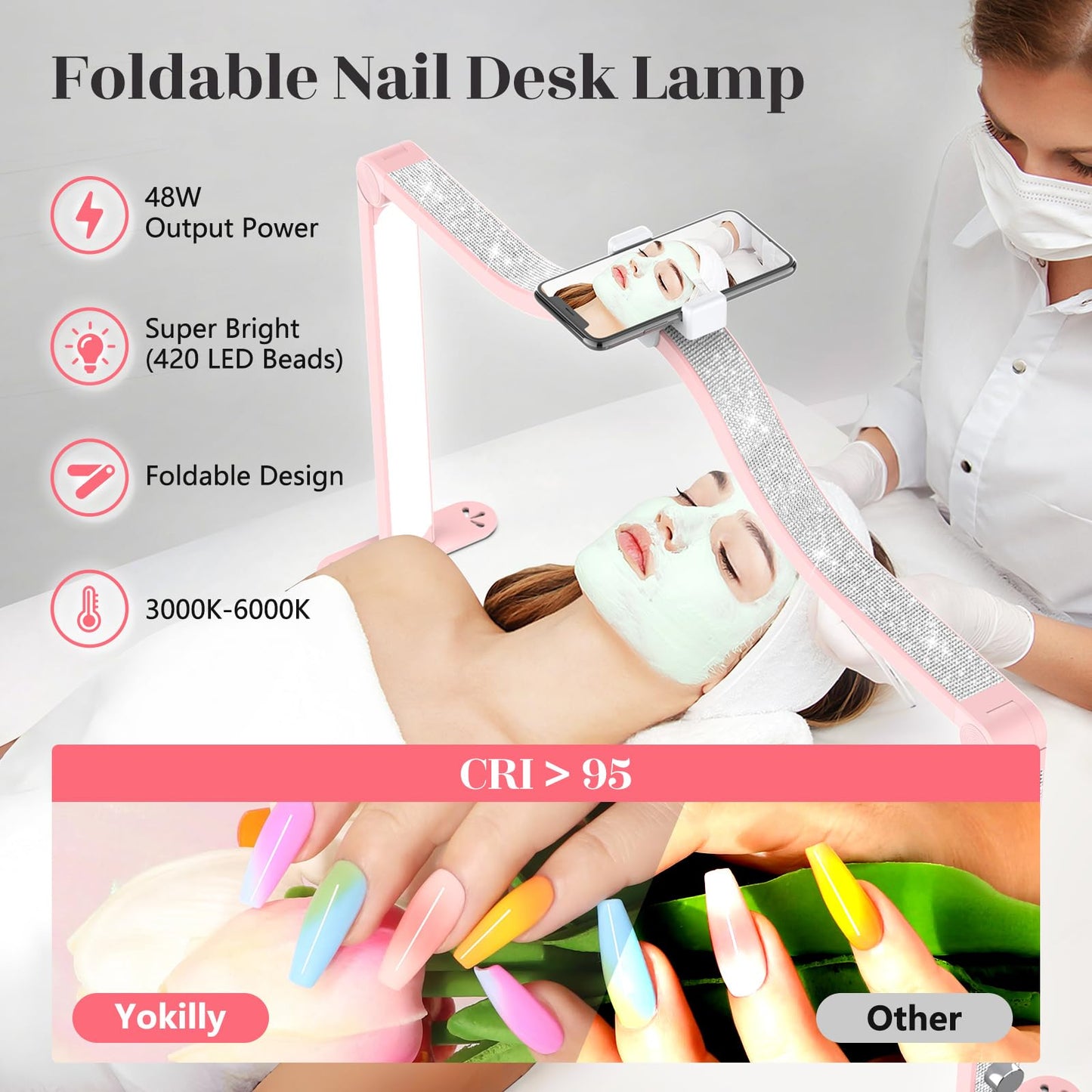Yokilly Arc Half Moon Light: 34" Shadow-Free Half Moon Light for Desk Salon - Foldable LED Desk Lamp with Stepless Brightness for Manicurist (Pink)