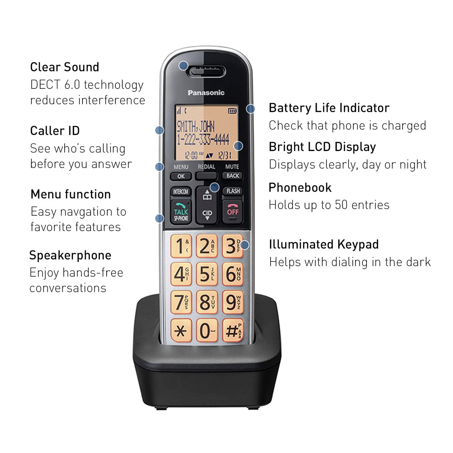Panasonic Compact Cordless Phone with DECT 6.0, 1.6" Amber LCD and Illuminated HS Keypad, Call Block, Caller ID, Multiple Display Languages - 2 Handset - KX-TGB812S (Black/Silver)