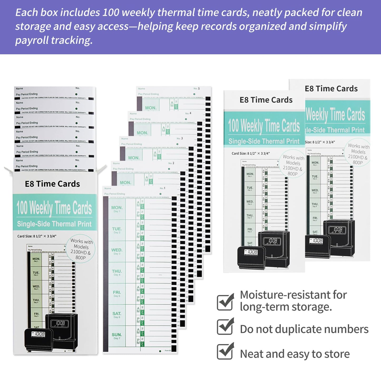 600 E8 Weekly Thermal Time Cards for Employees – Compatible with Lathem 2100HD & 800P Time Clocks – Time Card Pack, Single-Sided with Named Days (600-piece Pack)