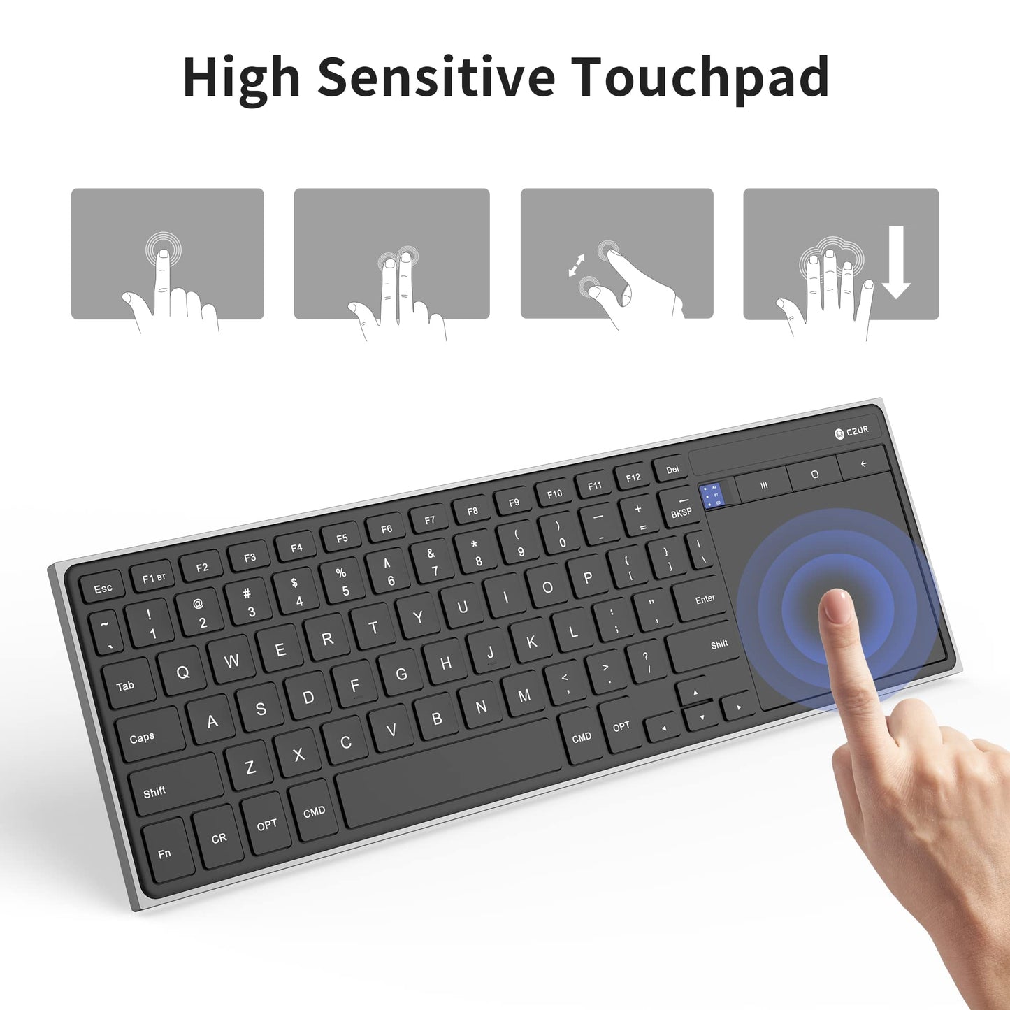 CZUR Rechargeable Bluetooth Keyboard with Touchpad, Portable Computer Keyboard with Trackpad, Wireless Ultra Slim Keyboard for PC/Laptop/Tablet/Phone/Smart TV