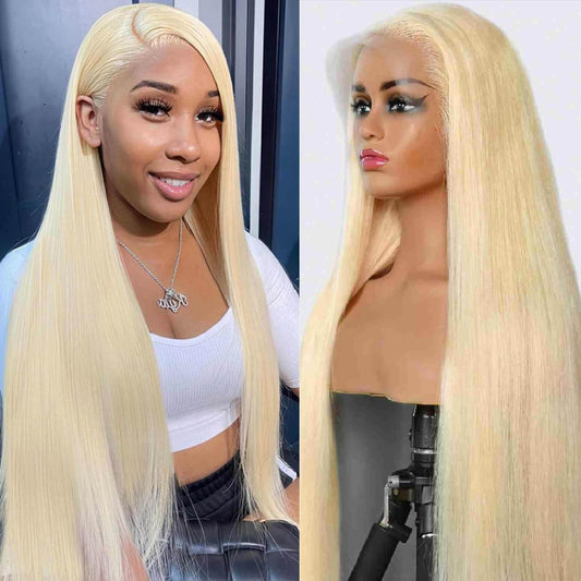613 13x6 Lace Front Wig Human Hair, 13x6 HD Transparent Straight Blonde Lace Front Wigs Human Hair Pre Plucked 24 Inch 200 Density 613 HD Lace Frontal Wig Human Hair for Women