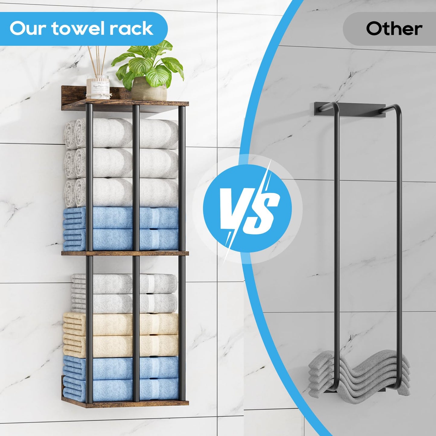 WeGXY Towel Racks for Bathroom Wall Mounted with Wooden Storage Shelf, Updated 3 Bar Metal Towel Holder for Rolled Towels, Sturdy and Large Capacity, Towel Storage Organizer