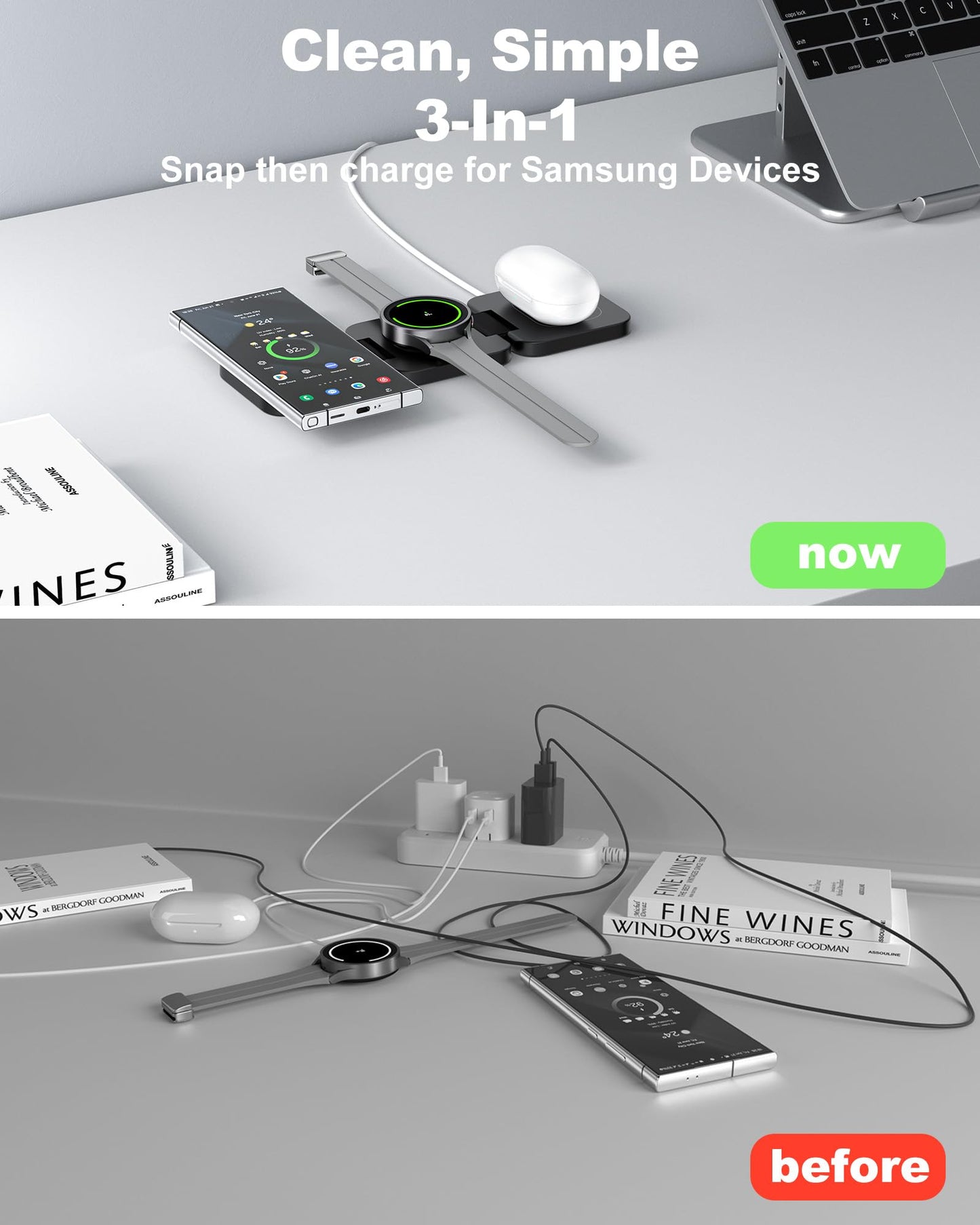Foldable 3 in 1 Wireless Charging Station for Samsung, KU XIU X55 Ultra Magnetic Travel Charger Stand for Galaxy S24 Ultra S23 S22 Note 20 Z Fold Flip 6 5, Galaxy Watch Ultra 7 6 5, Galaxy Buds, Black