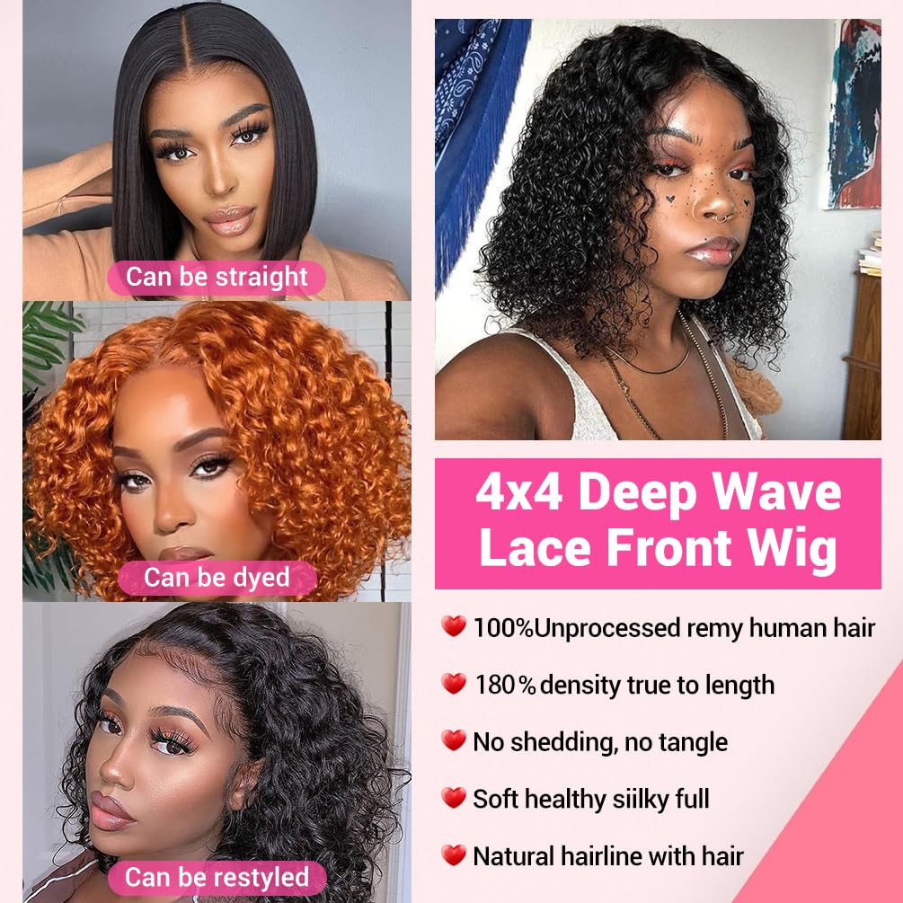 Amygirl Wear and Go Glueless Wigs Human Hair Pre Plucked Pre Cut Bob 4x4 Curly Wave Lace Front Wig 180% Density No Glue Human Hair Wigs for Black Women, Natural Black 1B, 8 Inch