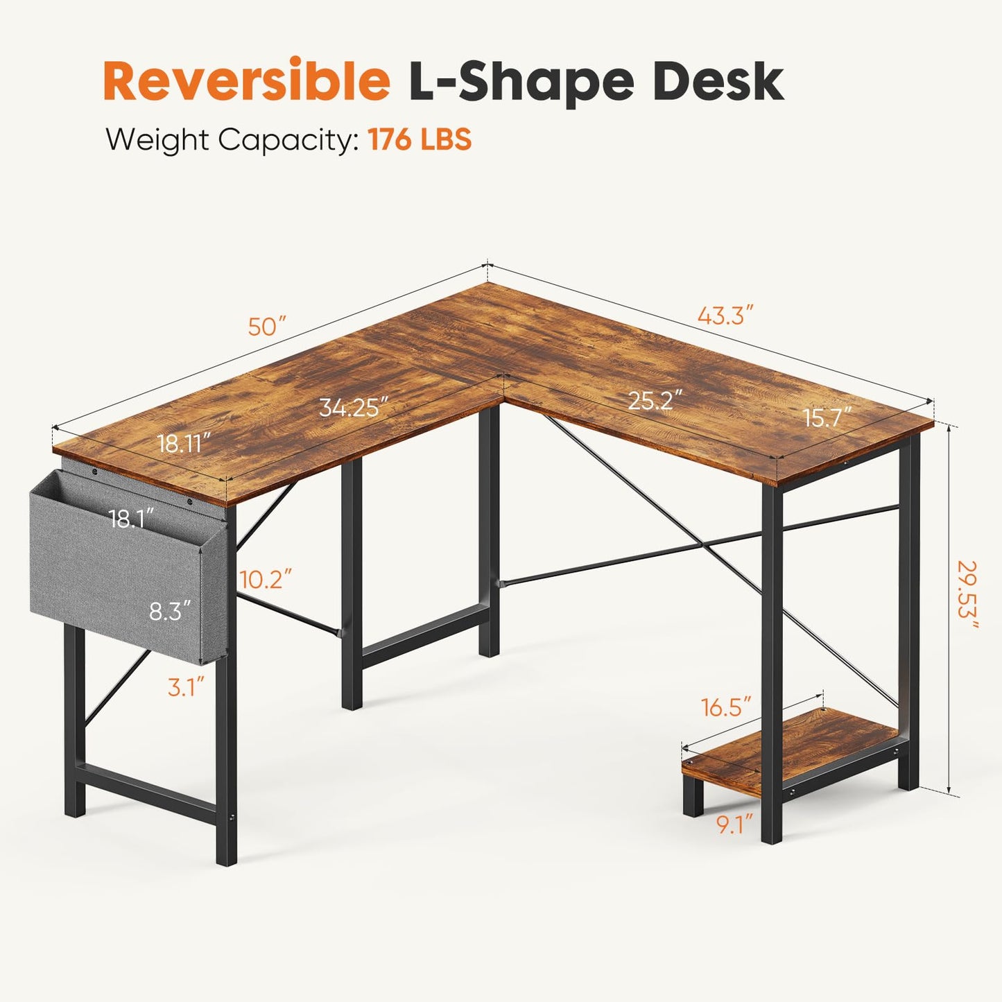 Sweetcrispy L Shaped Desk Computer Gaming Corner Table 51 Inch Home Office Writing Student Work PC Workstation with Side Storage Bag CPU Stand for Bedroom Small Spaces