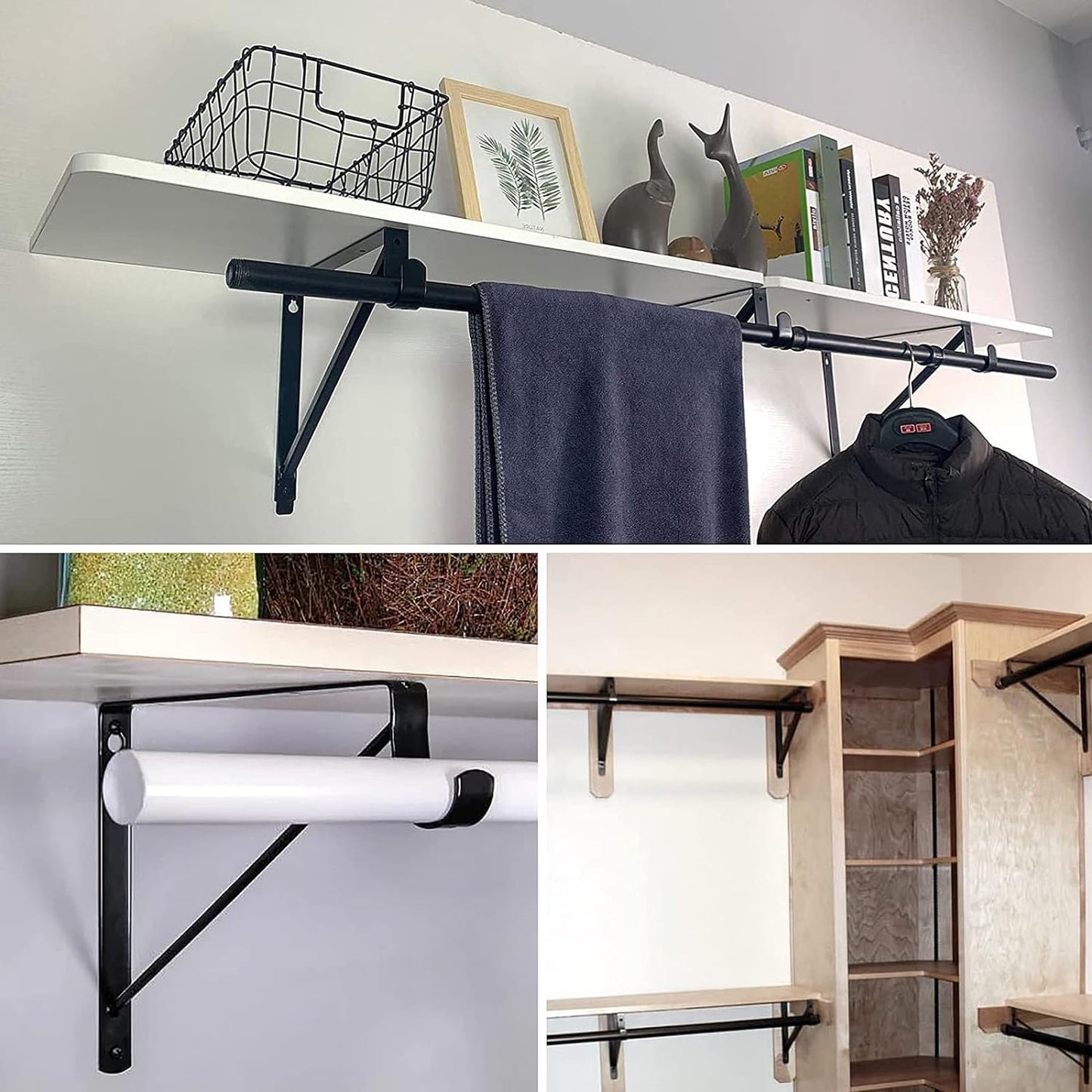 6 PCS Heavy Duty Closet Rod Bracket, 11 x 11 Inch Closet Shelf Brackets,Supports 300 lbs,Wall Mount Closet Rod Supports Bracket Hook with Screws, Closet Rod Holders for Home and Closet Decor(Black)