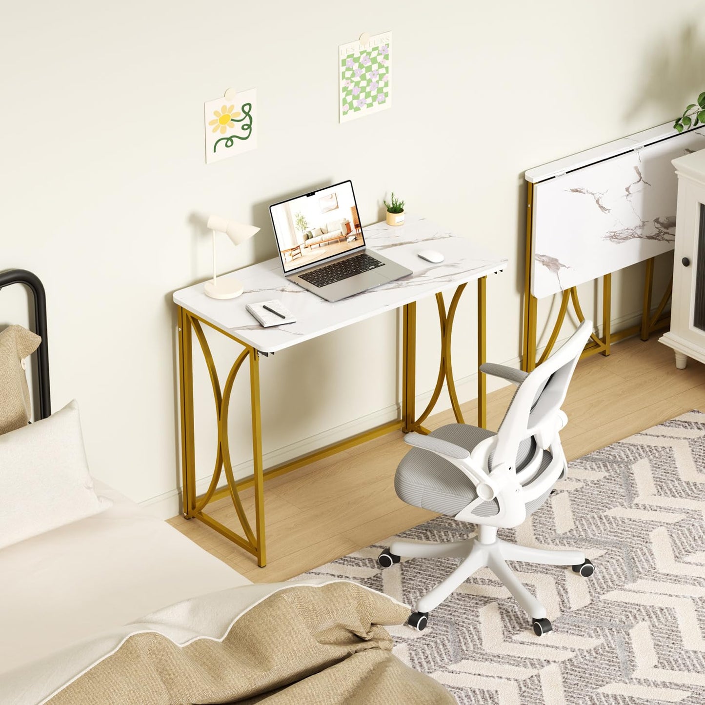 coeztt Folding Desk, 31.5" Small Desk for Bedroom, Space Saving Foldable Computer Desk for Home Office, Easy Assembly, White and Gold