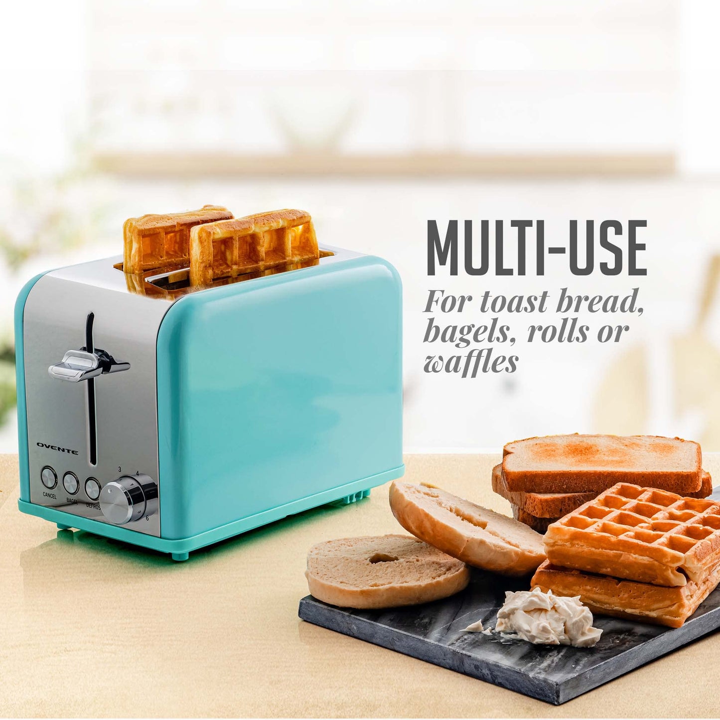 OVENTE 2-Slice Electric Toaster, 825W with 6 Browning Settings, Bagel, Defrost, Cancel Functions, Extra-Wide Slots, Stainless Steel Retro Countertop Toaster, Turquoise TS2450T