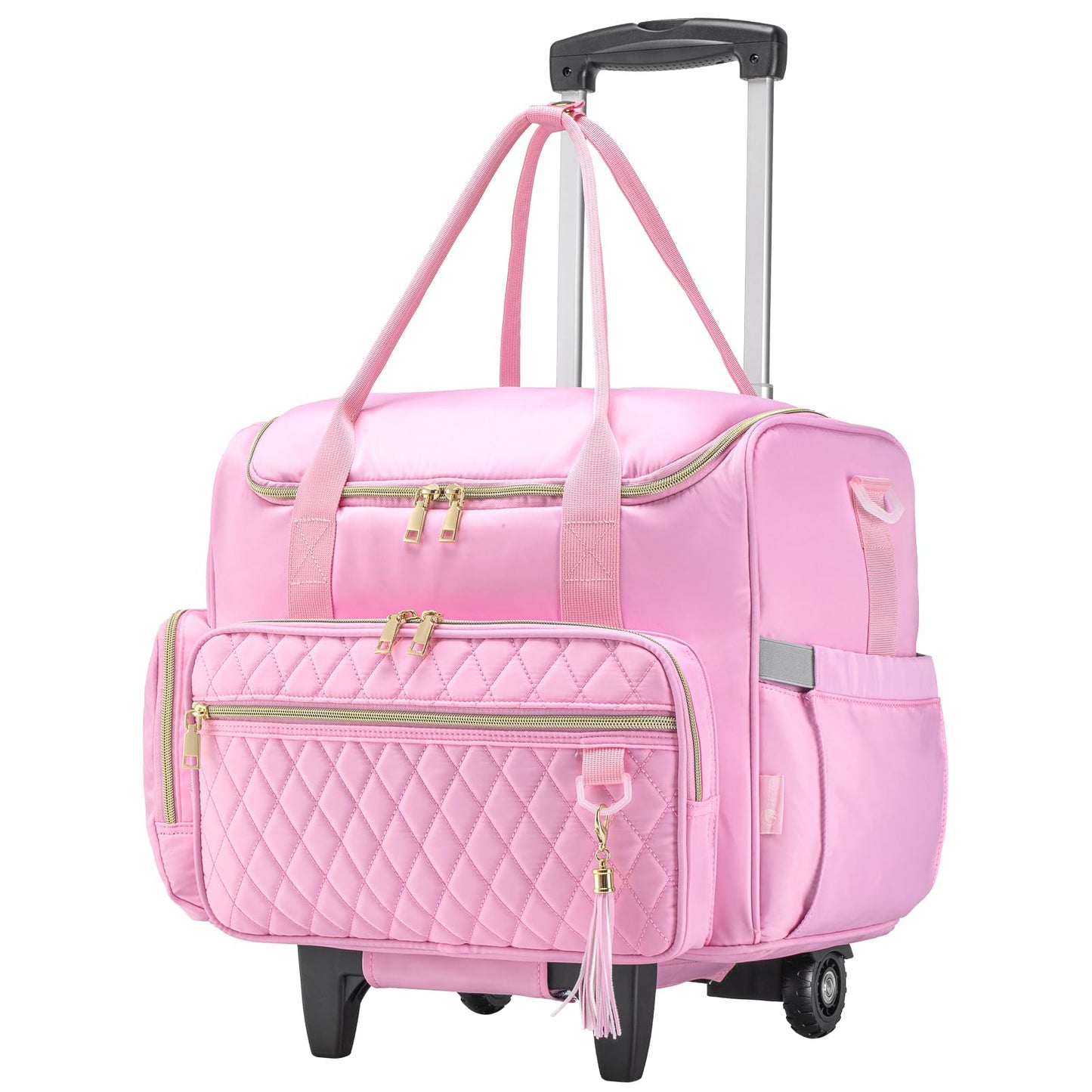 KSIBNW Rolling Laptop Bag for Women, Wheeled Teacher Tote Bag with Accordion Folder Waterproof Briefcases with 17 Inch Laptop Compartment and Detachable Dolly for Office, Work, Craft, Pink