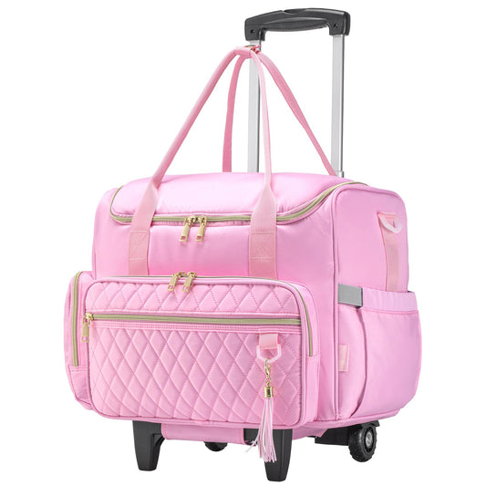 KSIBNW Rolling Laptop Bag for Women, Wheeled Teacher Tote Bag with Accordion Folder Waterproof Briefcases with 17 Inch Laptop Compartment and Detachable Dolly for Office, Work, Craft, Pink