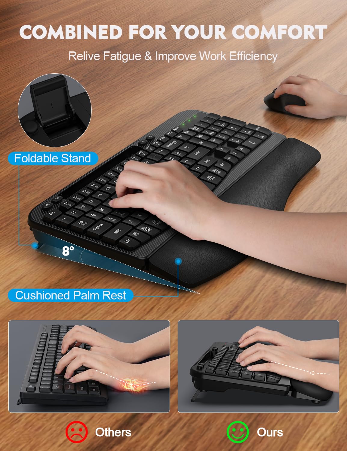 Wireless Keyboard and Mouse Combo, EAYBLLY Wave Keys Wireless Ergonomic Keyboard with Cushioned Wrist Rest, Phone Holder, 2.4GHz Silent Cordless Keyboard Mouse Set for Computer, Laptop, PC, Windows