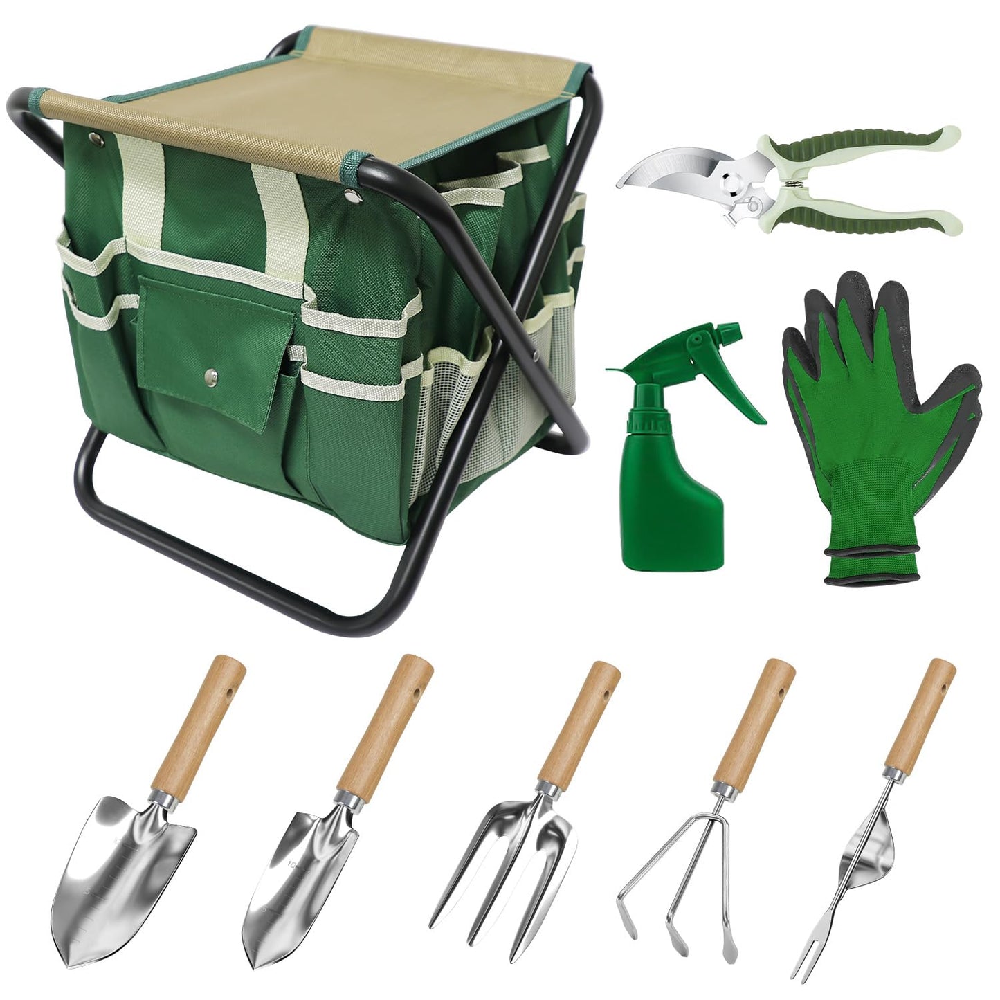 HoHaing Garden Tool Set, 10 Piece Gardening Kit with Heavy Duty Folding Stool, Gardening Tools with Detachable Storage Tote Bag, Stainless Steel Garden Tools, Gardening Gifts for Women Men Green