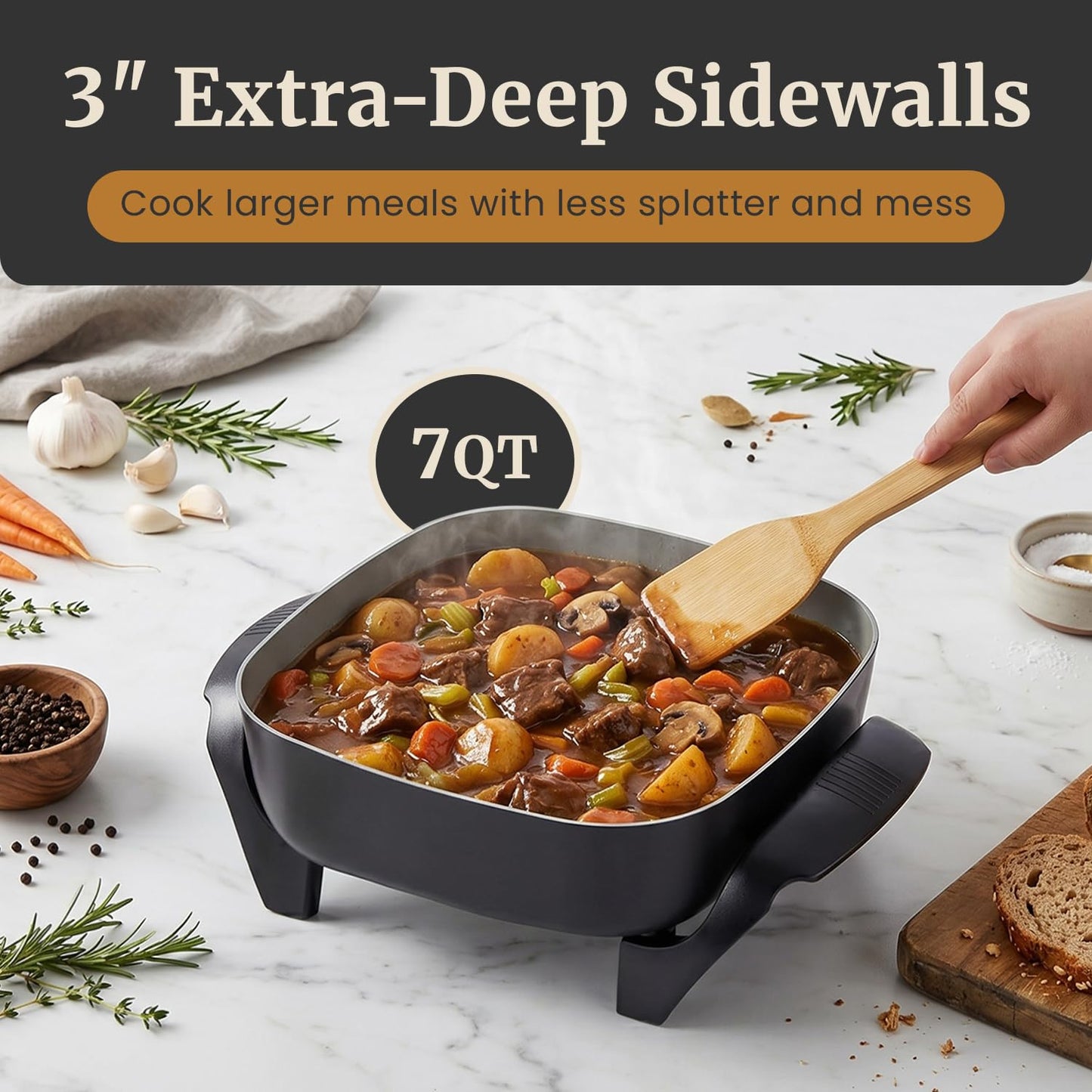 Elite Gourmet PFAS-Free Ceramic Electric Skillet, Extra Deep 12"x12"x3", Less Splatter, Dishwasher Safe, Rapid Heat, EG2313, 1200W, Black