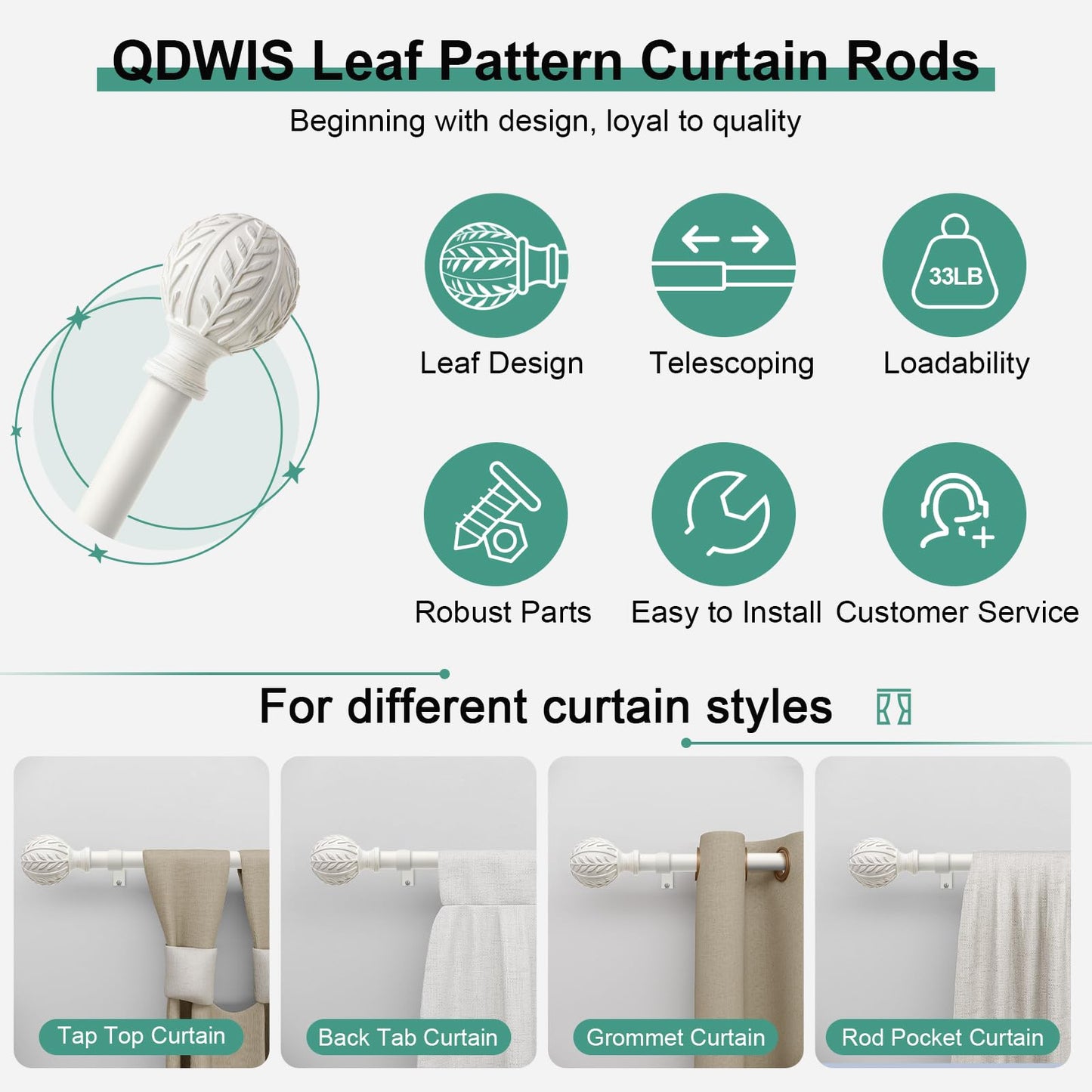 QDWIS Antique White Curtain Rods for Windows 48 to 84 inch,1" Adjustable Heavy Duty Window Curtain Rod with Leaf Finials,Rustic Decorative Drapery Rods Set,Size:36-88''