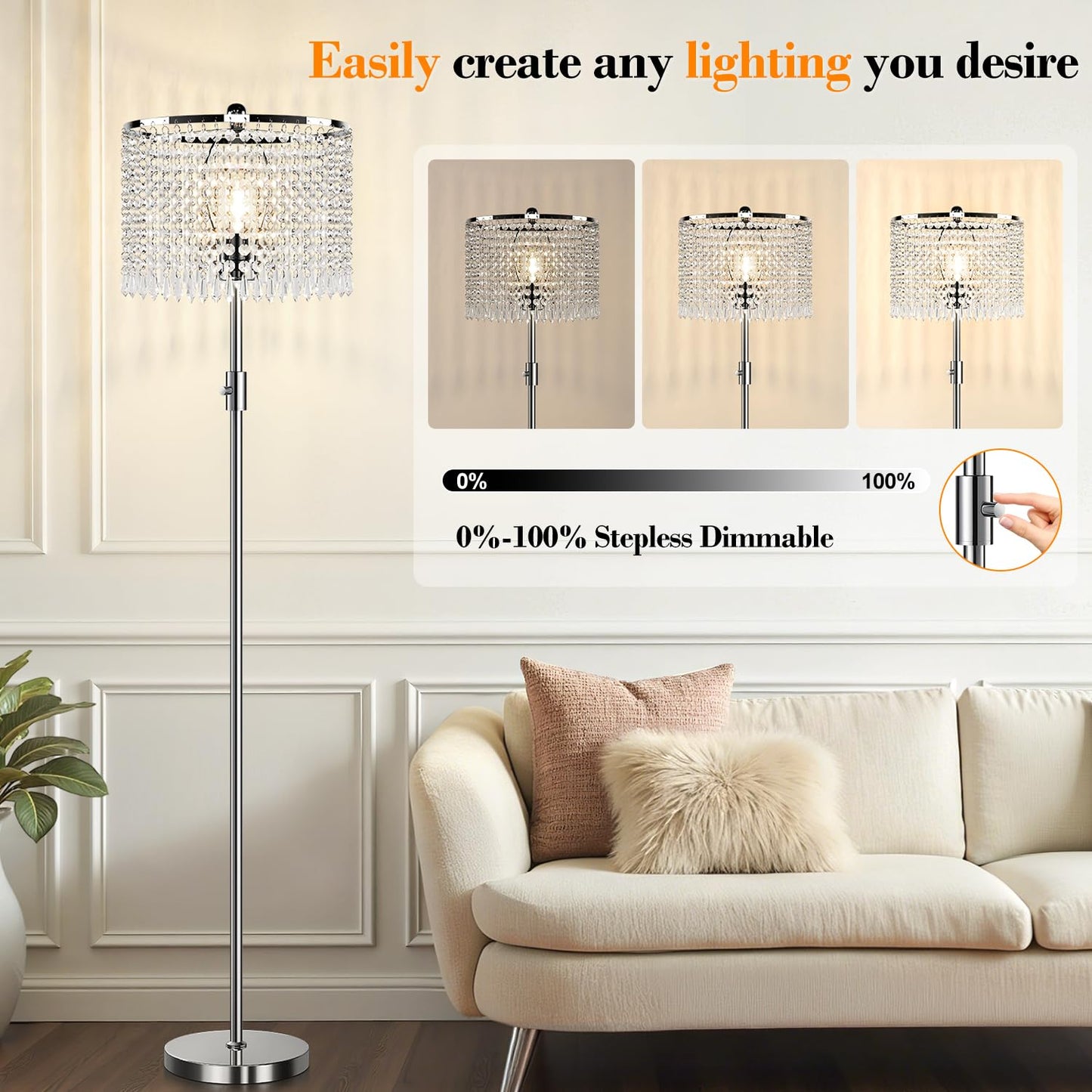 Yemela 【Upgraded】 Dimmable Crystal Floor Lamps for Living Room, 1000LM LED Bulb Included, Standing Lamp with Knob Switch, Tall Silver Modern Floor Lamp for Bedroom Nursery Office Reading
