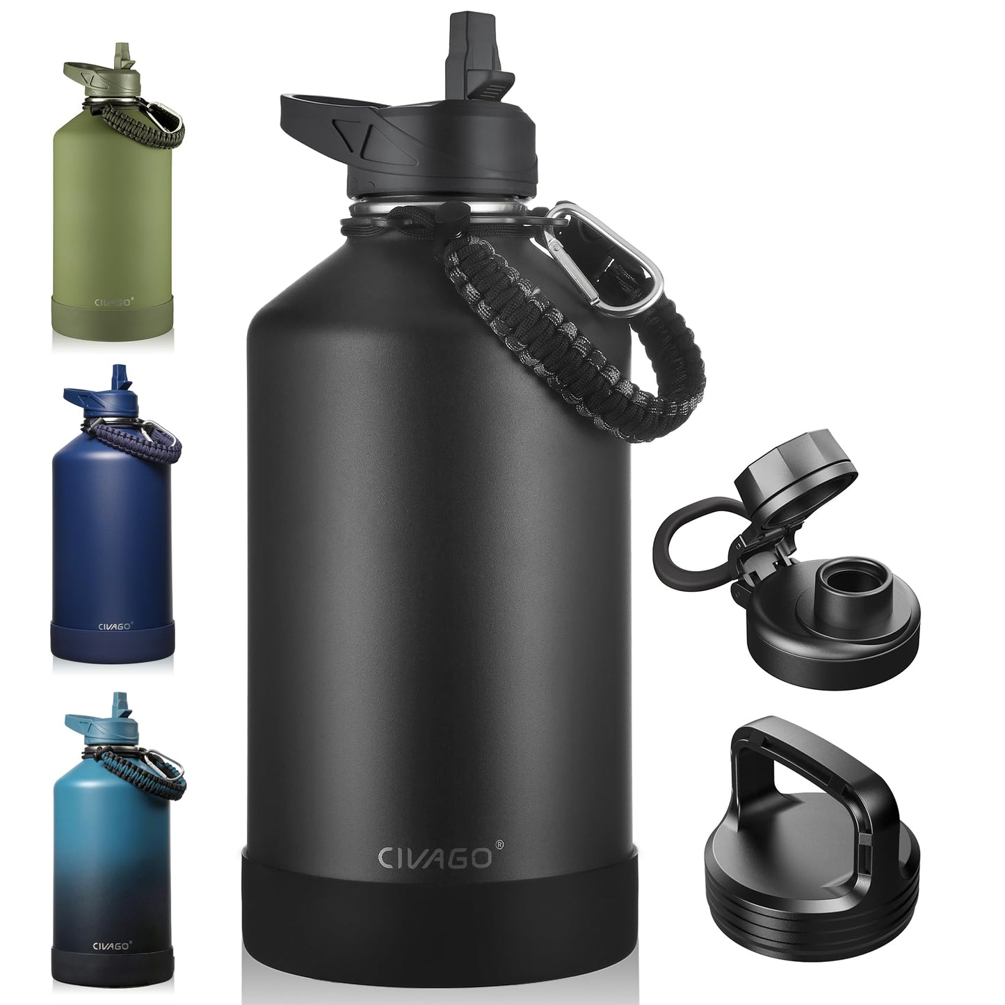 CIVAGO Gallon Insulated Water Bottle Jug with Straw, 128 oz Large Stainless Steel Water Flask, Big Metal Thermal Mug with 3 Lids for Sports, Travel, Gym, and Camping, Black