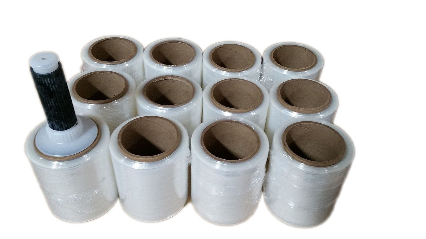 The Boxery 5" x 1,000 ft Clear Hand Stretch Wrap with Reusable Handle Included - 12 Rolls | Standard-Duty Film for Pallet Wrapping, Moving & Packaging