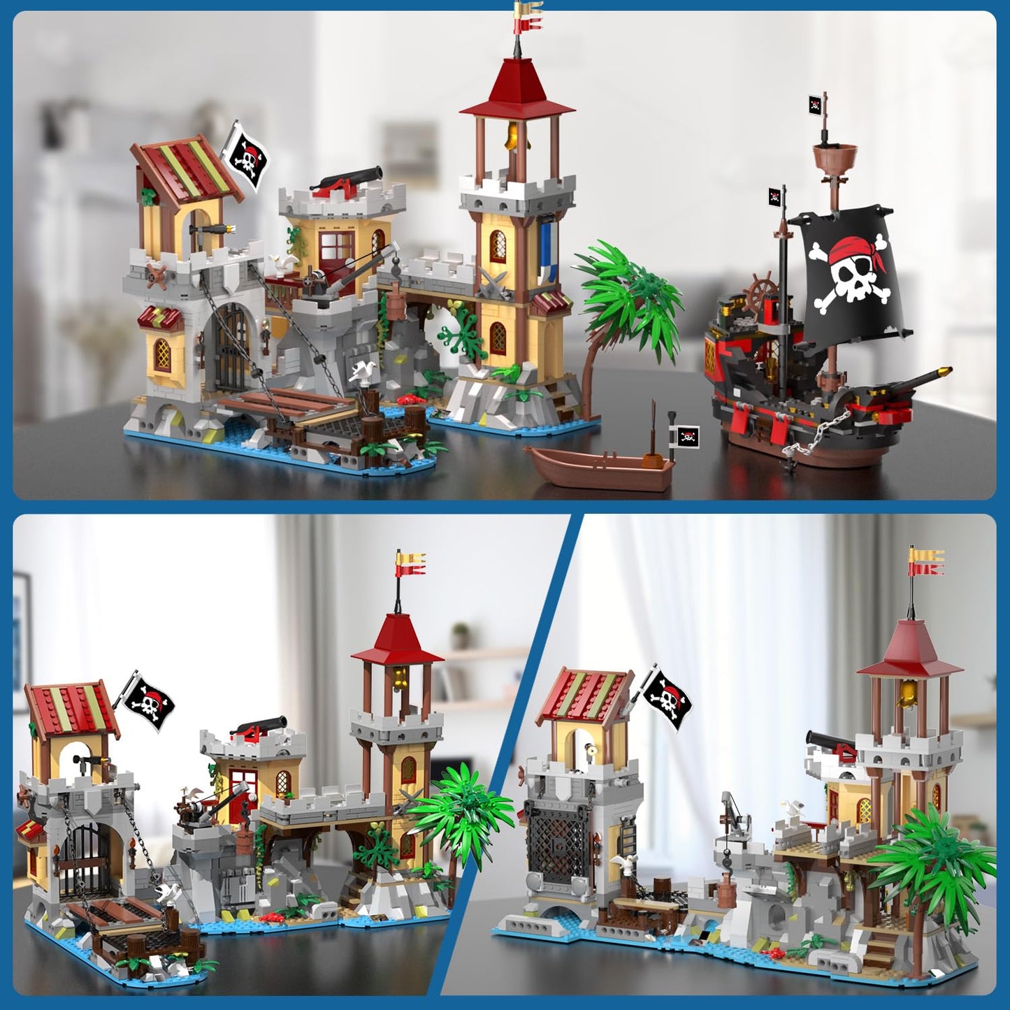 INSOON Pirate Castle Building Set with Light, 3 Modes Big Pirates Ship Bay Building Block 1502 PCS, Medieval Pirate Wharf House Construction Model Toy Home Decor for Adults Teens Boys Girls 10+