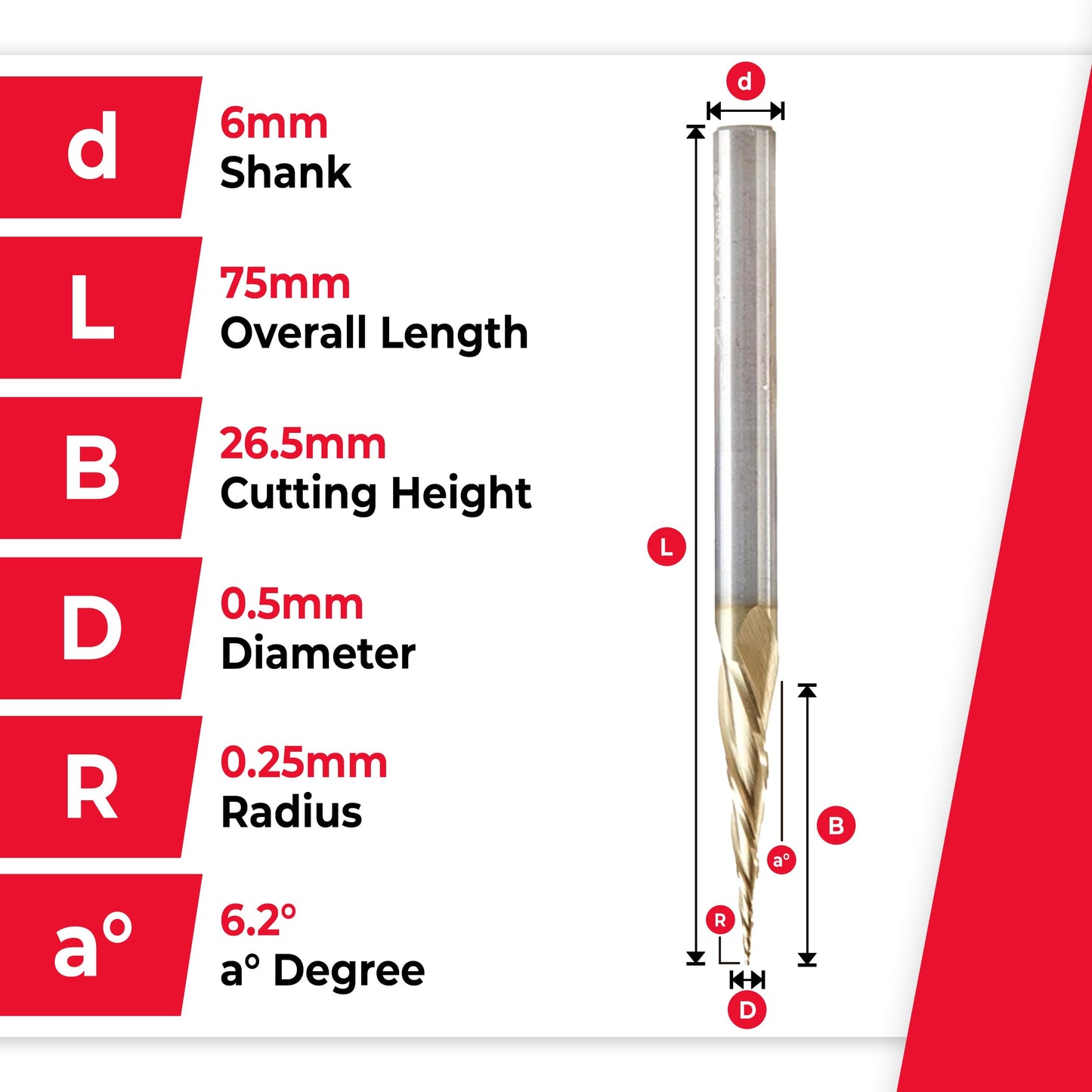 Amana Tool CNC 2D 3D Carving Angle Ball Tip Router Bit, ZrN Coated, 46473, 6.2 Degree Metric, x 0.5 Dia x 0.25 Rad x 26.5 CH x 6 Shk x 75mm L x 3 Fl
