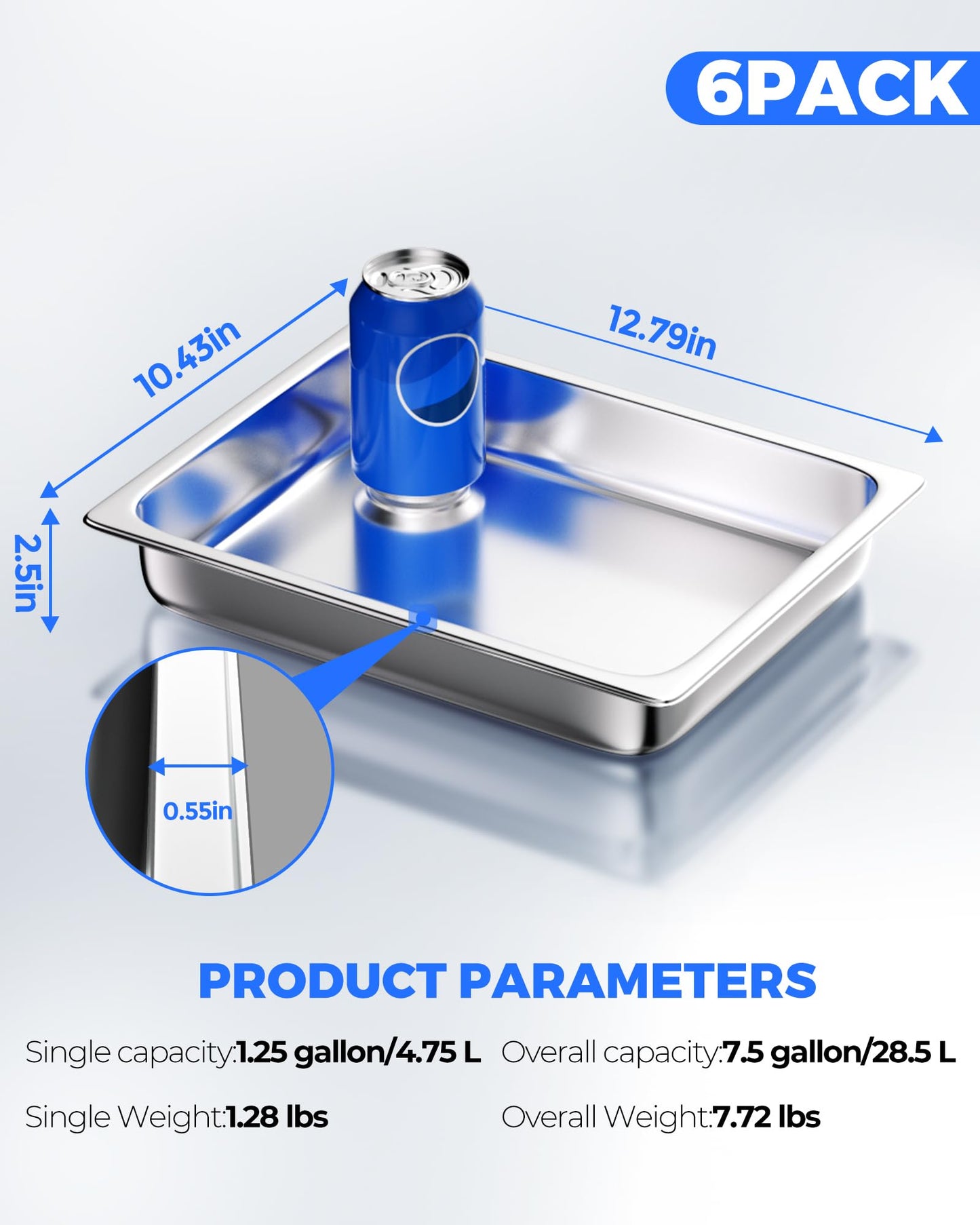 WantJoin 1/2 Half Size Steam Table Pans, 6-Pack 2.5 Inch Deep Restaurant Steam Table Pans Commercial, Hotel Pan Made of 201 Gauge Stainless Steel