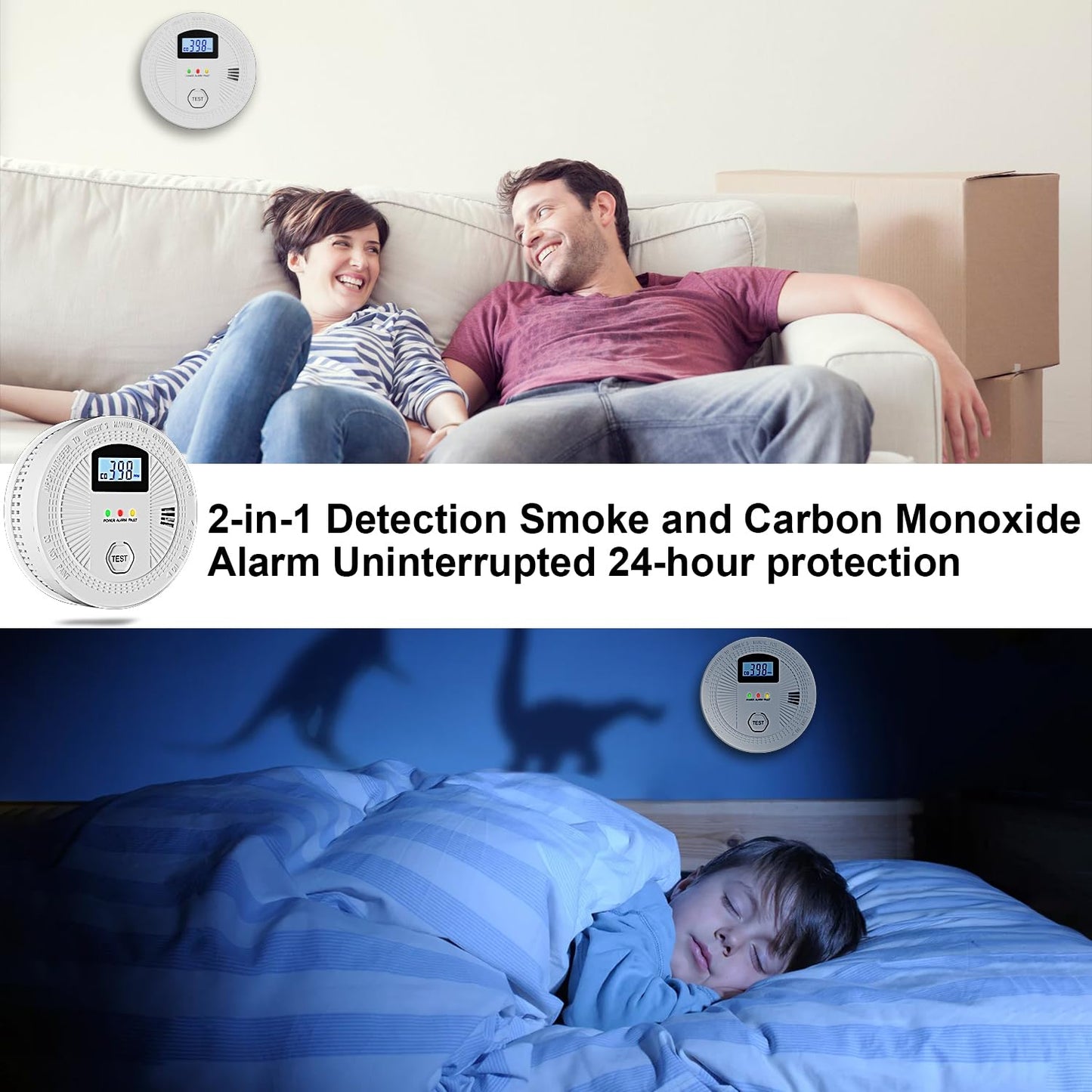 5 Pack Combination Photoelectric Smoke and Carbon Monoxide Alarm Detector with LCD Display; Battery-Operated Smoke Carbon Monoxide Alarm