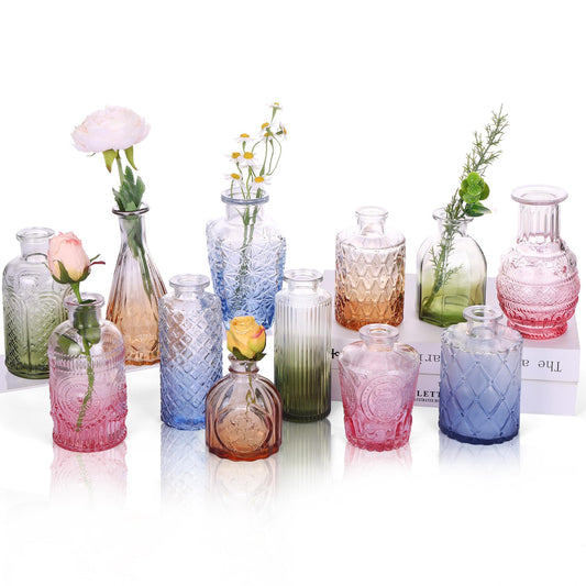 CUCUMI 12 Pack Colorful Glass Bud Vases, Small Colored Vintage Vases for Centerpieces, Decorative Flower Vases for Wedding Home Table Decor(Amber, Blue, Green, Pink)