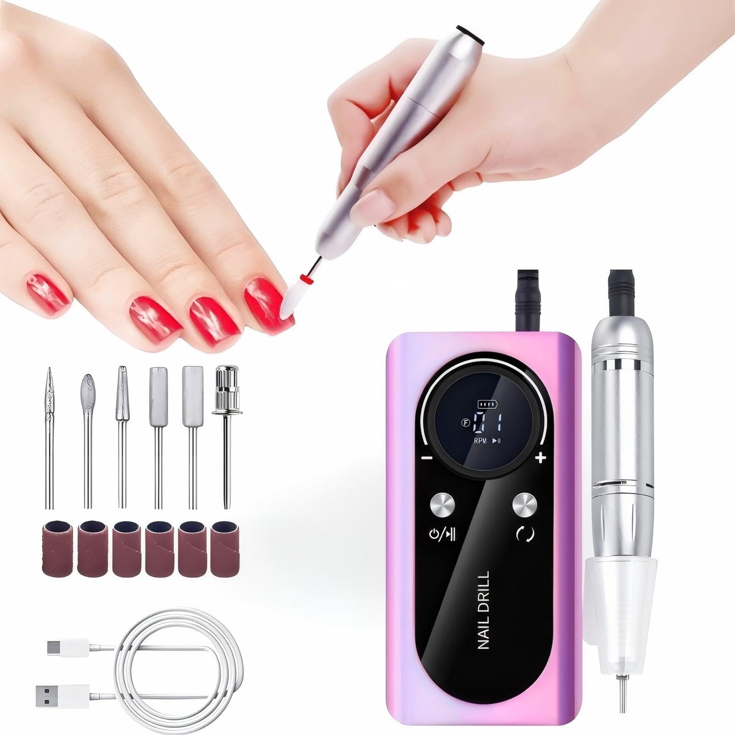 Sufeasdf Professional Electric Nail Remover and Polisher, 45,000 RPM Portable Nail Drill, 6 Bits and Sanding Strap, Nail Polish Removal, Manicure and Pedicure Salon Set, Purple