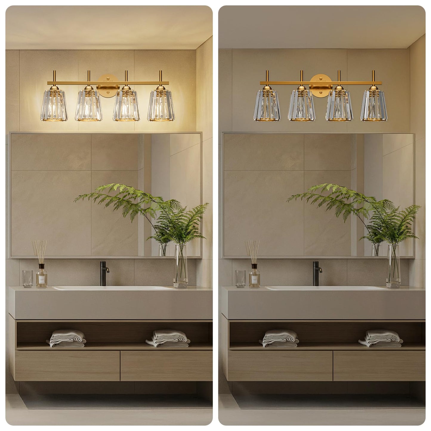 KernLite Crystal Bathroom Light Fixtures Over Mirror, Gold 4-Light Bathroom Vanity Lights Over Mirror Modern Wall Lighting Sconces with Ceramic E26 Base (Bulbs Not Include)