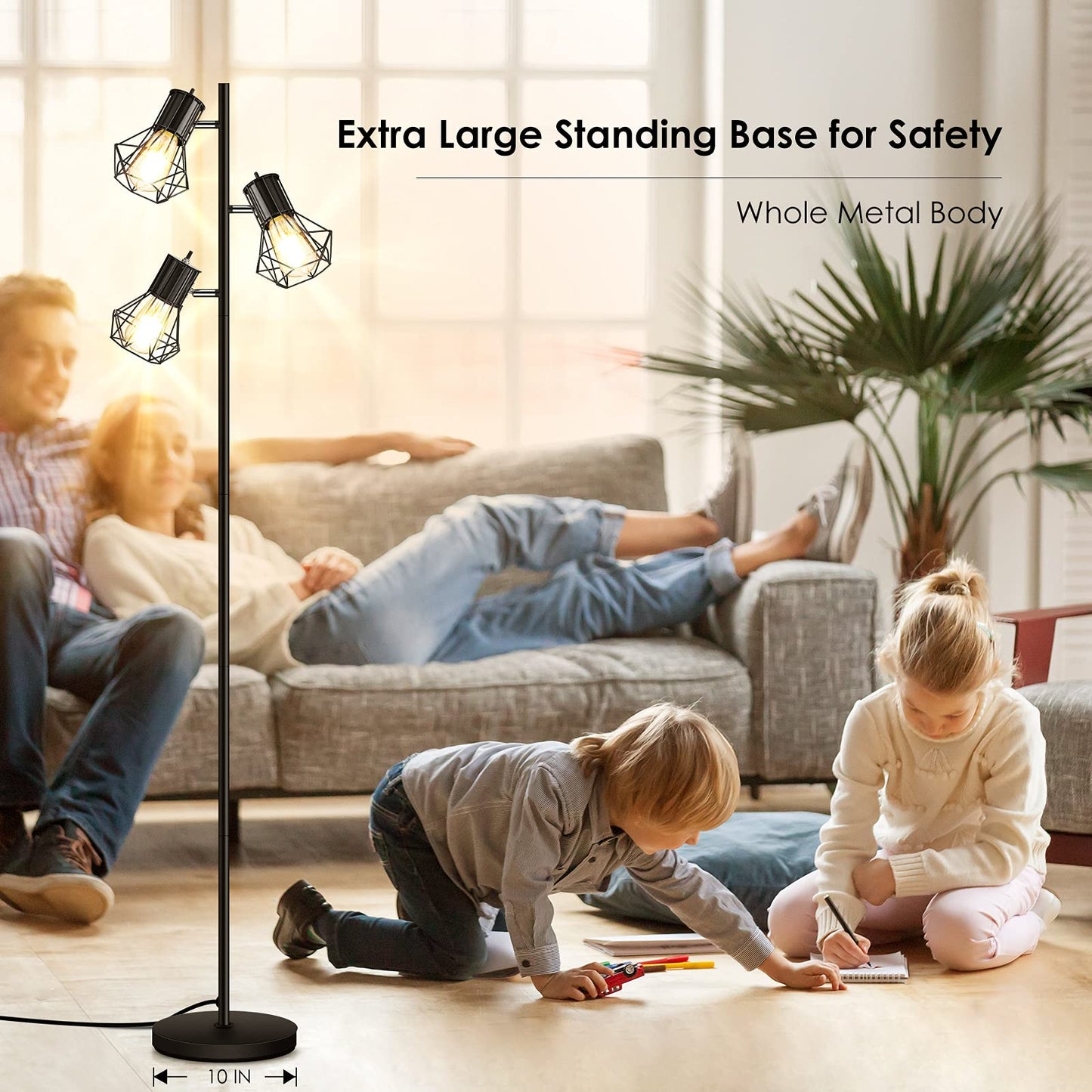 BoostArea Industrial Floor Lamp,Standing Lamp,Farmhouse Tree Floor Lamps with 3 Adjustable Cage Heads,E26 Socket,Independent Control,Floor Lamp for Living Room,Bedroom,Rustic Home(No Bulb)