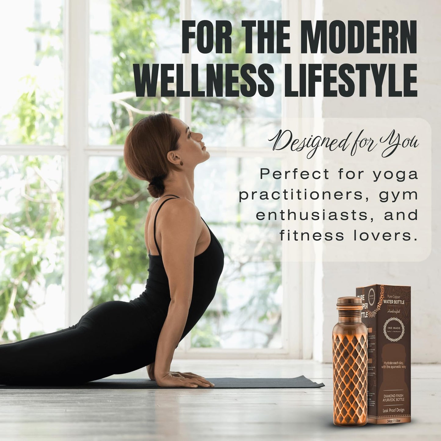IND MADE Ayurvedic Pure Copper Water Bottle 34 Oz | Leak Proof | Durable & Rust Proof | Traditional Copper Drinkware | Eco Friendly | Non Toxic And BPA Free