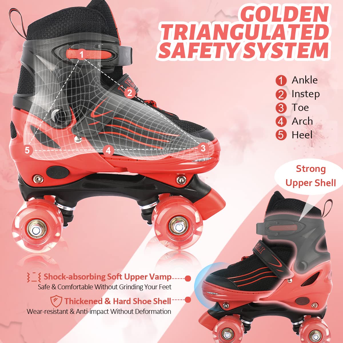 LEJIJIT Adjustable Roller Skates for Boys Girls Toddler Ages 3-12, 4 Sizes for Kids and Youth Adult with Light Up Wheels, Black Red Roller Skates for Sports. (Toddler 7C-10C)