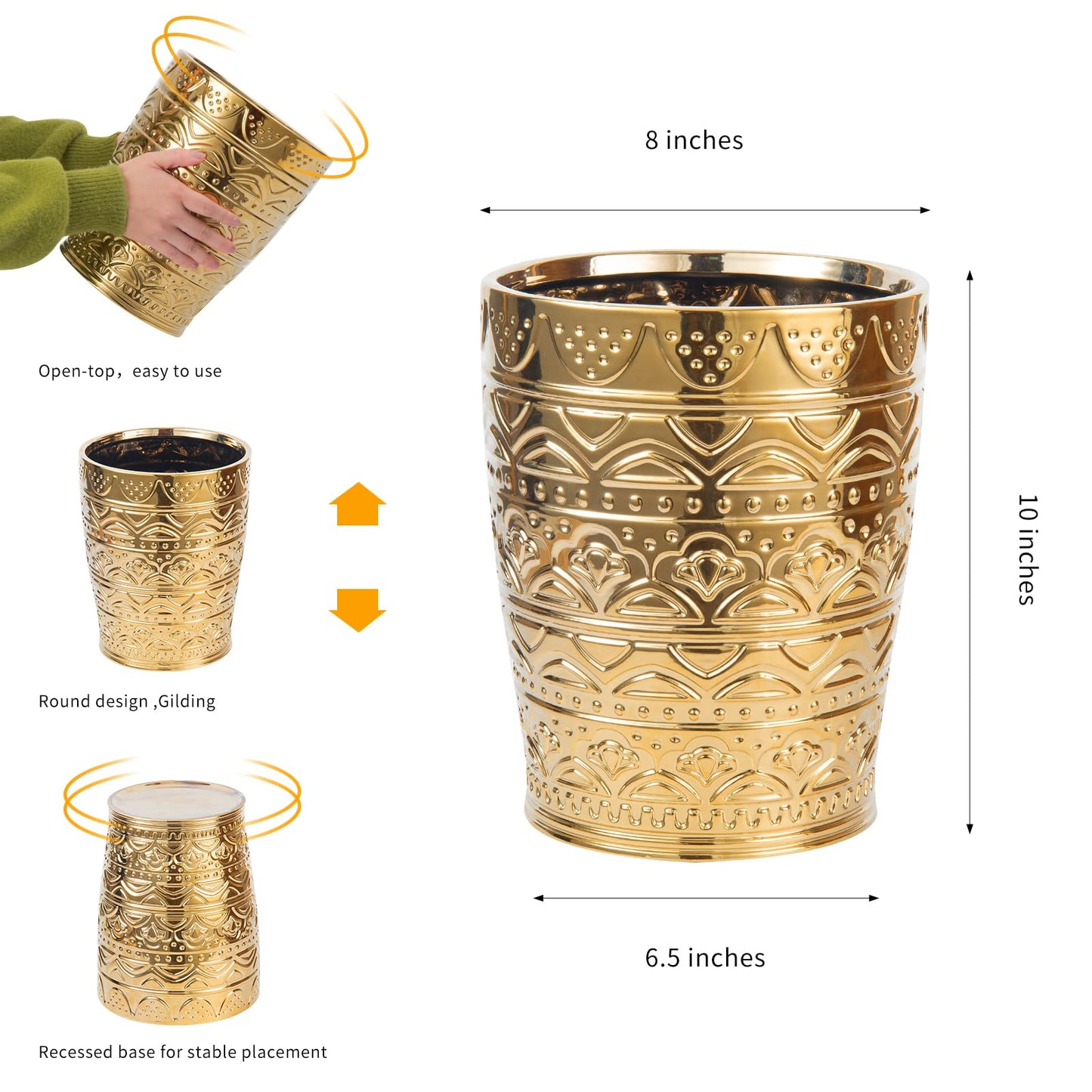 RXLVCKY Round Ceramic Small Trash Can Wastebasket, Garbage Container Bin for Bathrooms, Powder Rooms, Kitchens, Home Offices - Durable - Gold Christmas Decor