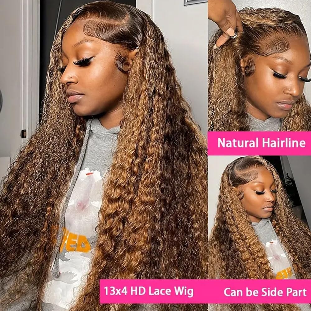 ZHUO JIA 13x4 Highlight Ombre Deep wave Lace Front Wigs Human Hair for Black Women P4/27 Colored HD Transparent Honey Blonde Curly Lace Frontal Wigs Pre Plucked 180 Density with Baby Hair 28inch