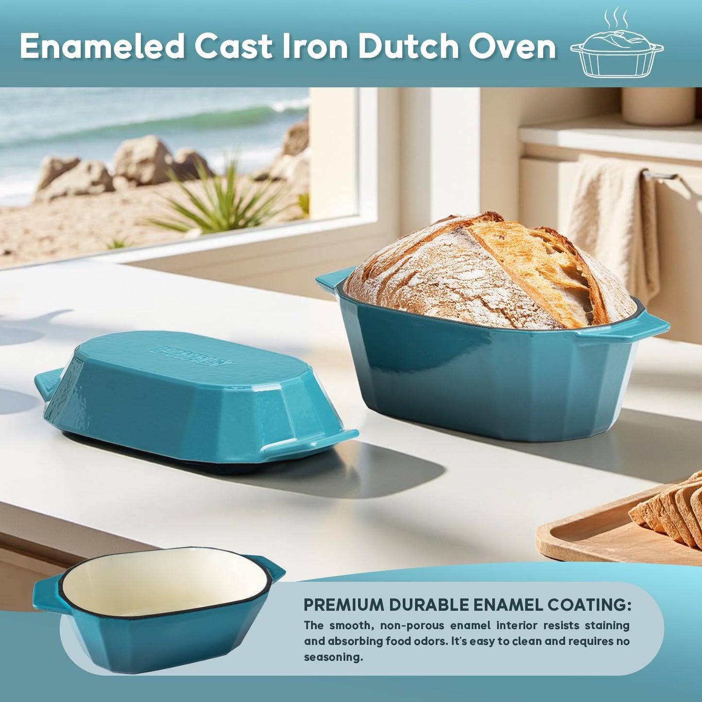 Enameled Cast Iron Sourdough Bread Oven – Dutch Oven for Sourdough, Oval Cast Iron Bread Pan with Lid，Loaf Cast Iron Dutch Oven for Baking (3.3QT-Blue）