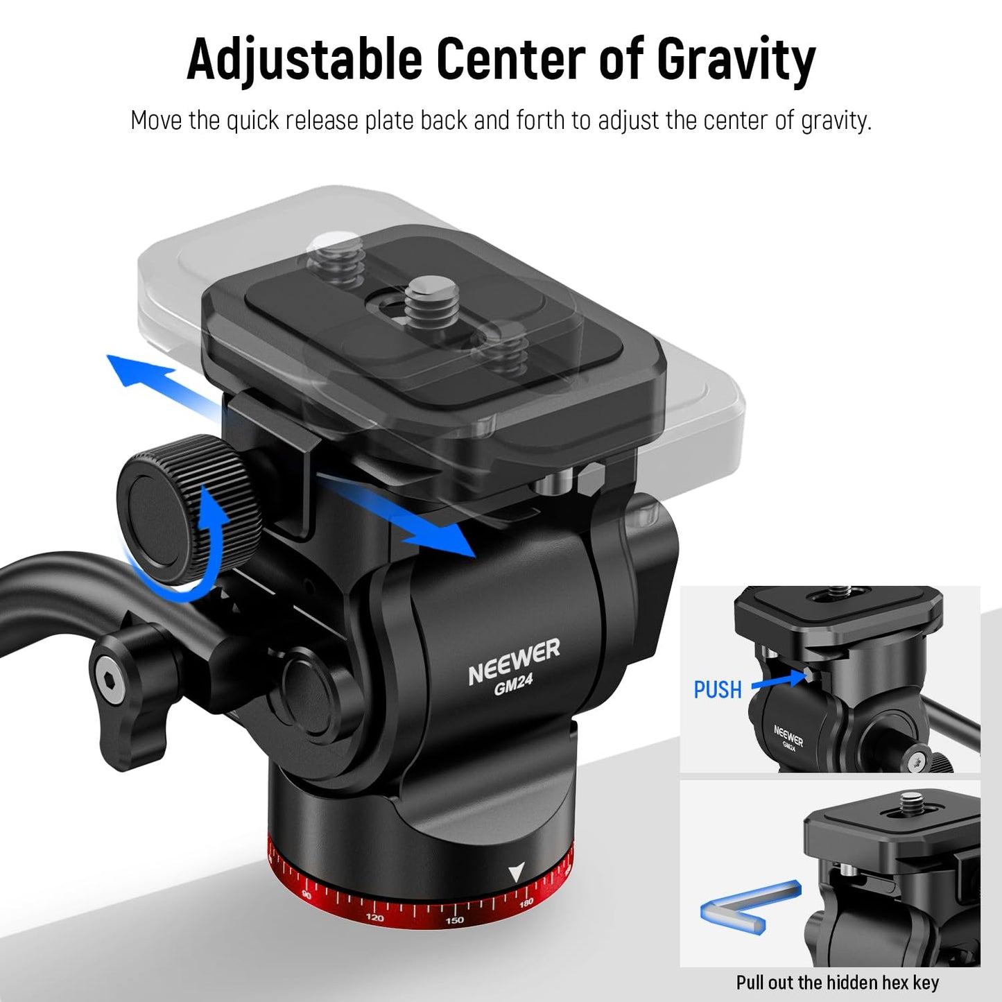 NEEWER Tripod Fluid Head Pan Tilt Head with Quick Release Plate and Handle, Metal Camera Tripod Head Compatible with Arca Swiss for Compact Video Cameras DSLR Cameras, Load up to 6.6lb/3kg, GM24