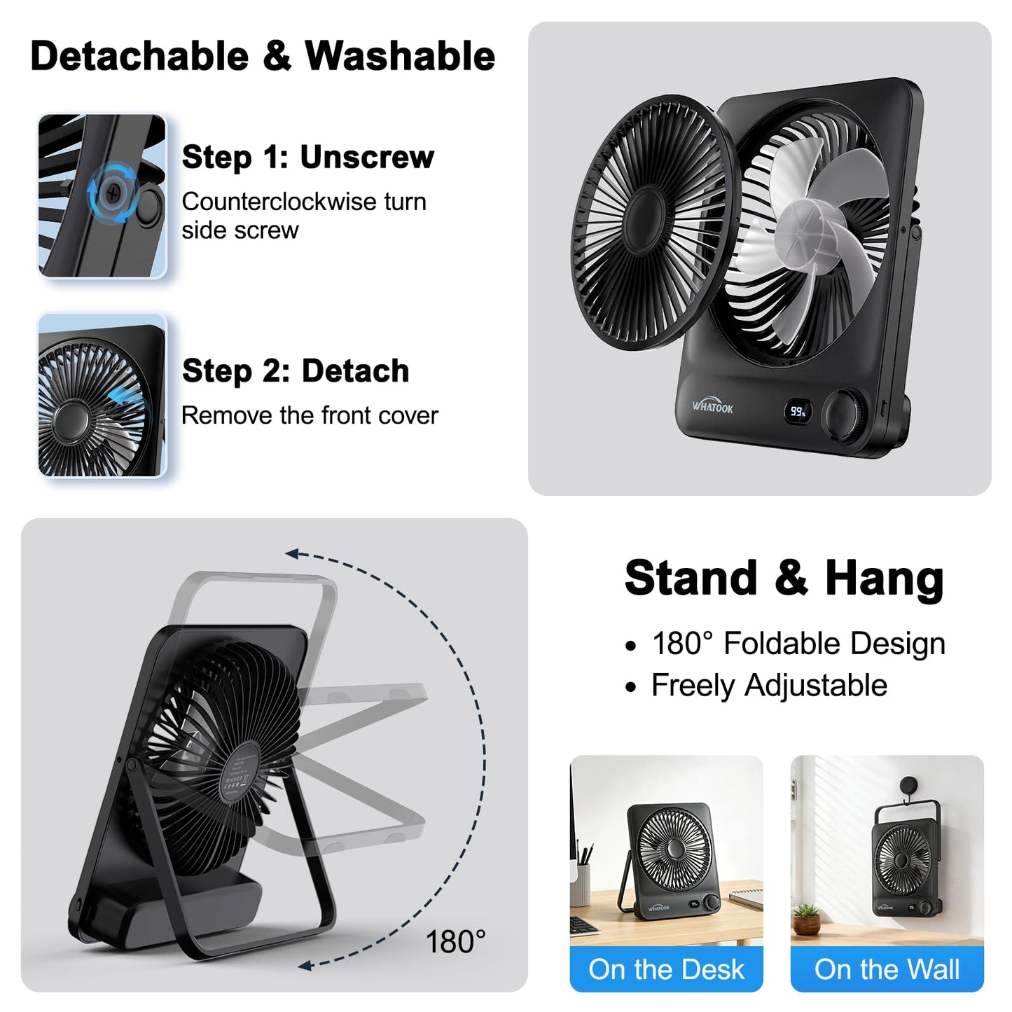 WHATOOK Large Travel Desk Fan: 10000mAh Battery 40 Hours Runtime Silent Rechargeable Fans, Quite Personal Portable Fan for Camping Bedroom Office Small Desktop fan (8.3 * 7.1inch Black) (Black)