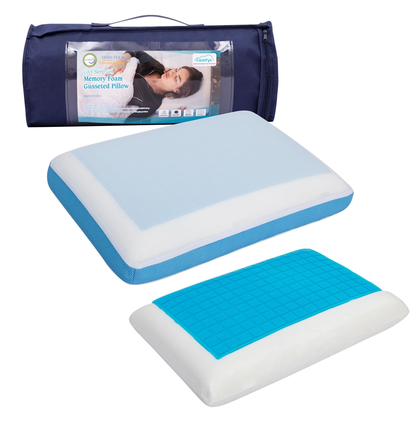 Comfyt Cervical Pillow Cooling Orthopedic Memory Foam Pillows for Back Stomach Side Sleeper - Sleeping Travel Neck Gusseted Bed Pillow Gel Layer Provides Coolness Removable Washable Cover