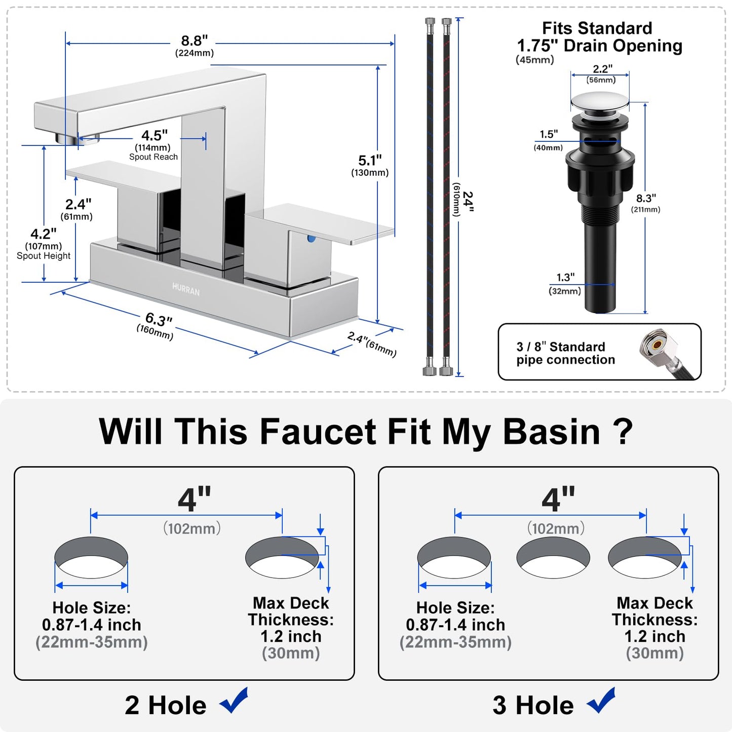 Bathroom Sink Faucet, Hurran 4 inch Chrome Bathroom Faucets for Sink 3 Hole with Pop-up Drain and Supply Lines, Stainless Steel 2-Handle Faucet for Bathroom Sink Vanity RV Restroom, 2 Pack