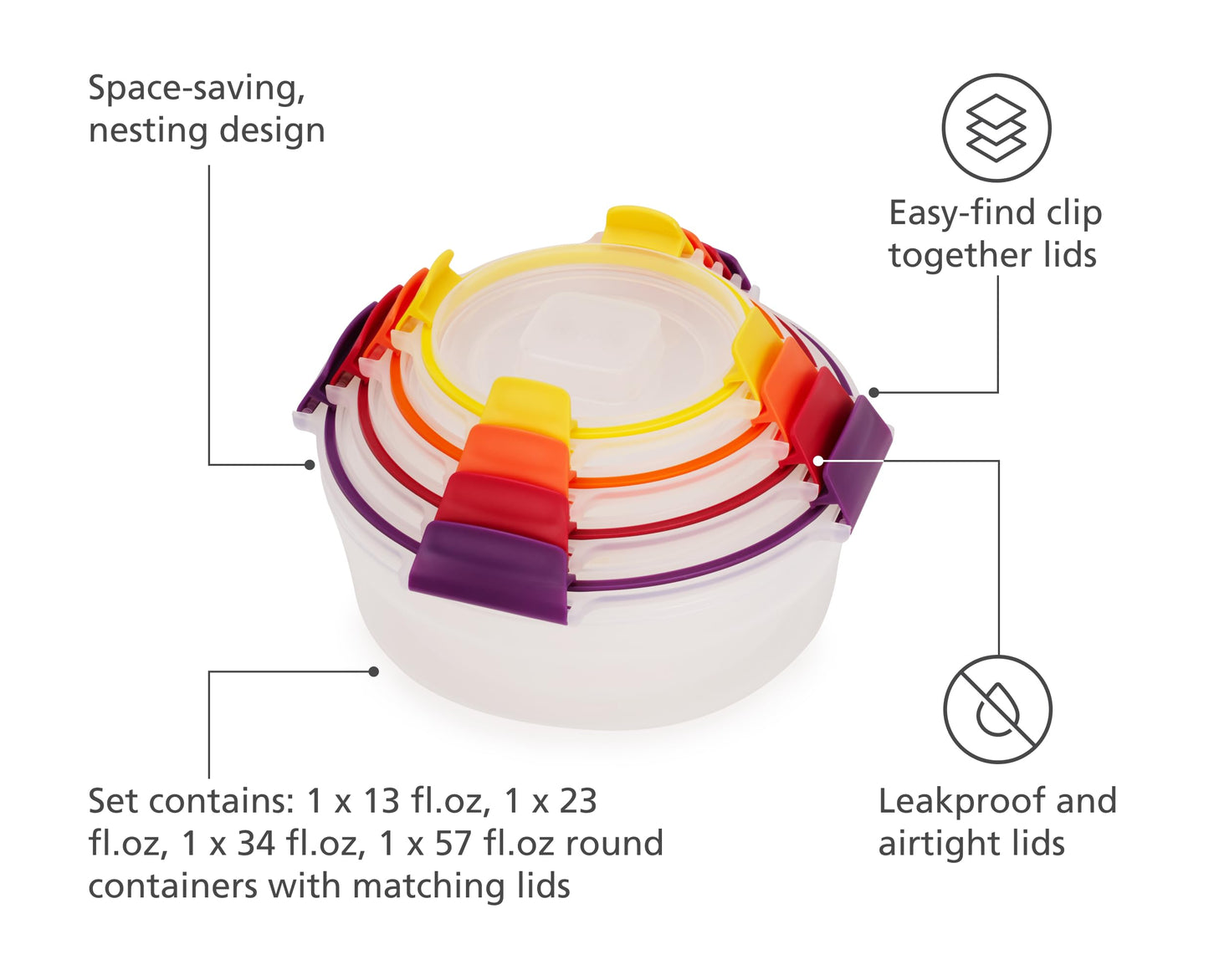 Joseph Joseph Nest Lock 8-piece Plastic BPA Free Round Food Storage Container Set with Lockable Airtight Leakproof Lids - Multicolor