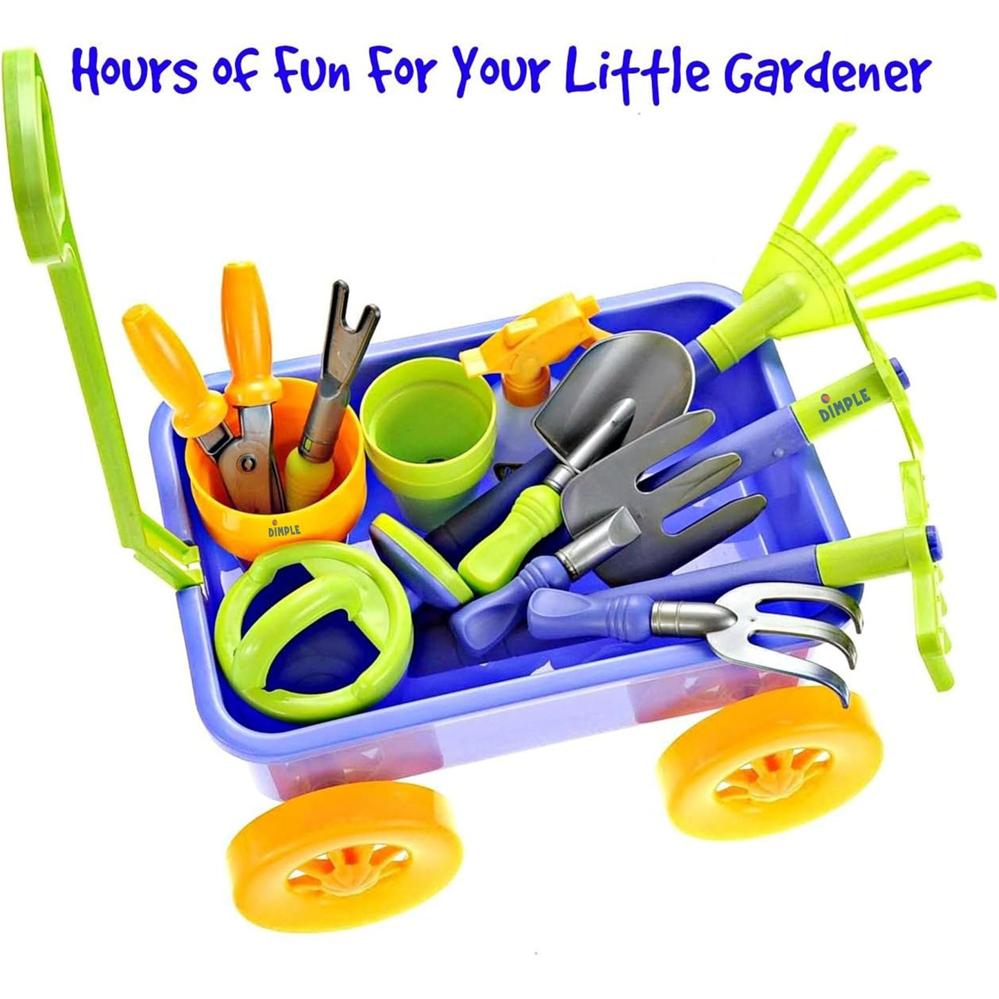 Dimple Garden Wagon & Tools Toy Set Premium 15 Pcs Kids Gardening Tools & Wagon Toy Set - Sturdy & Durable - Top Yard, Beach, Sand, Garden Play Set - Great for Kids & Toddlers