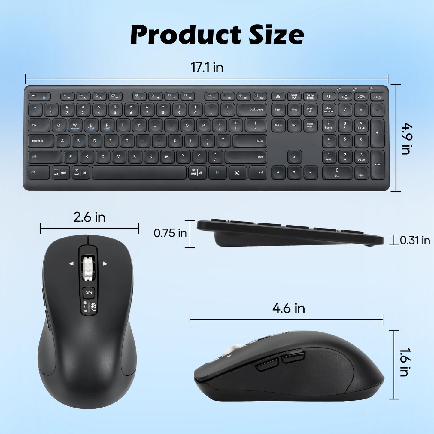 CITLLA M9300 Wireless Keyboard Mouse Combo, Scissor-Switch Keys, 2-in-1 USB Receiver and Dual Bluetooth, Multi Device Silent Design for PC, Computer, Laptop, MacBook and iPad.