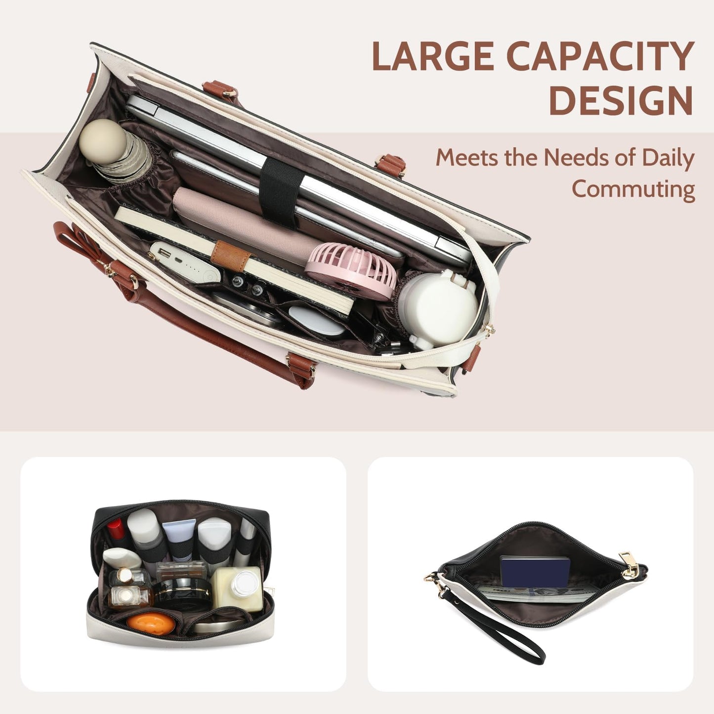 Keyli 3pc Sets Laptop Bag Work Bags for Women,15.6 Inch Laptop Tote Bag Purses Waterproof Vegan Leather Computer Briefcase Professional Business Shoulder Handbags for Teacher Office Travel White Brown